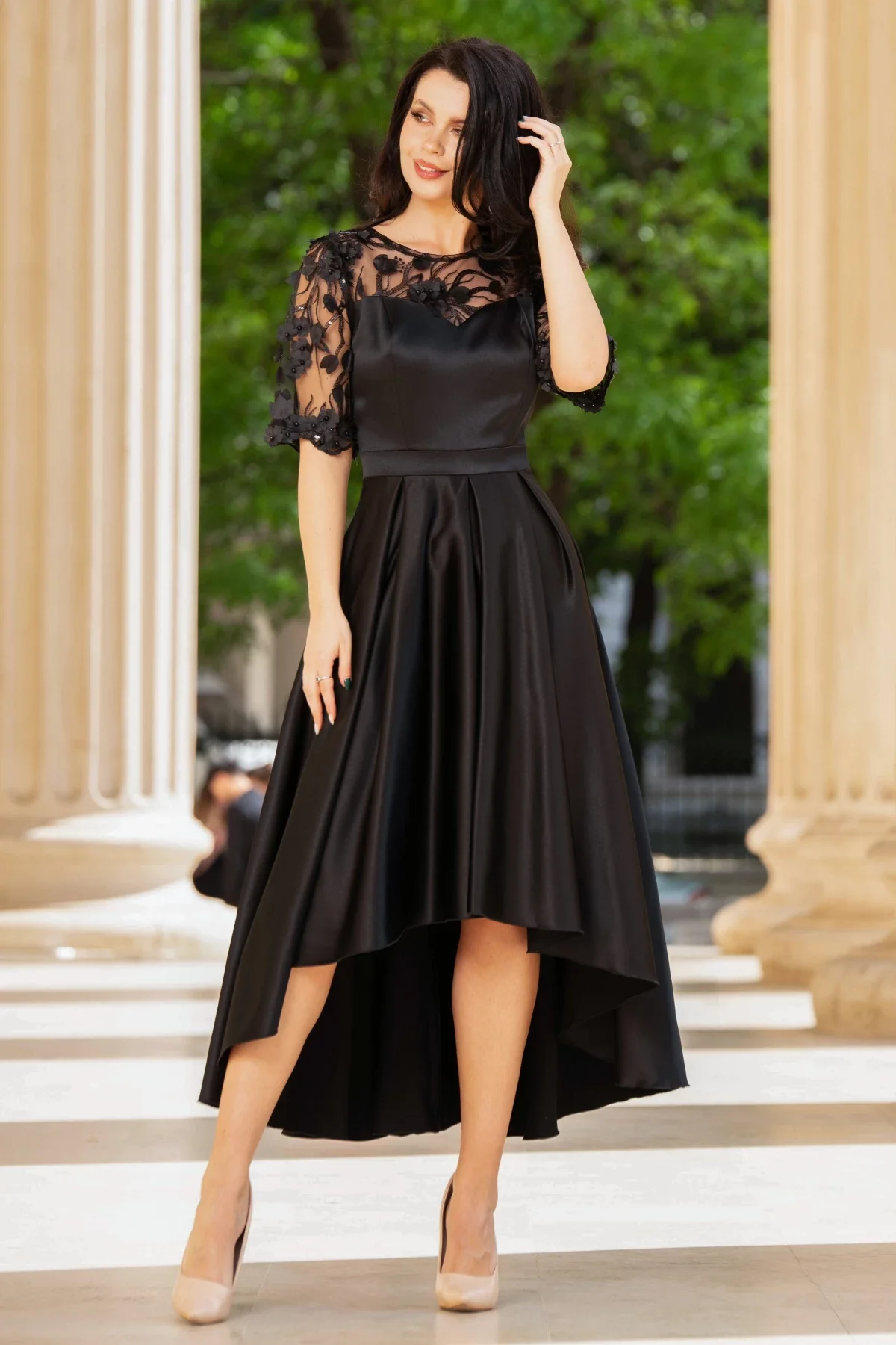 Ella Collection Rochie de soacra neagra cu flori 3D si pliseuri