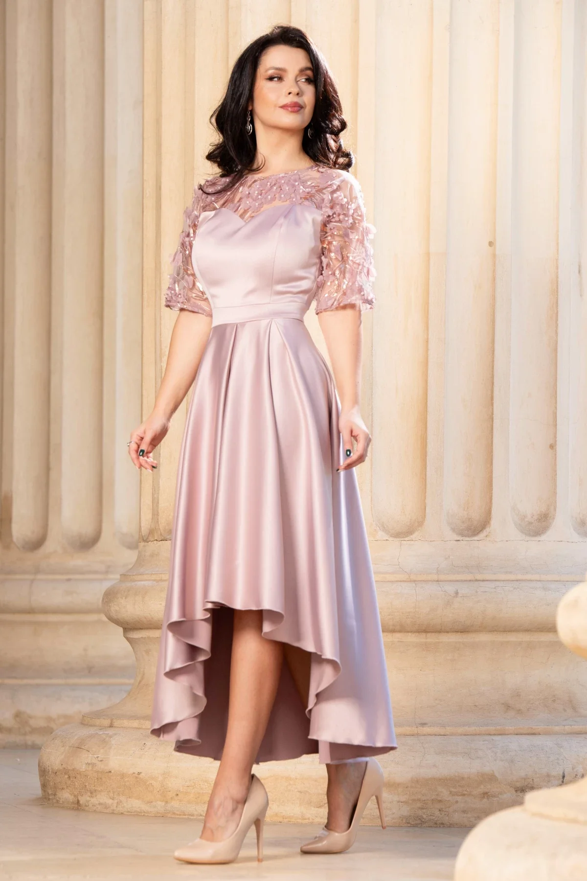 Ella Collection Rochie de soacra rose cu flori 3D si pliseuri