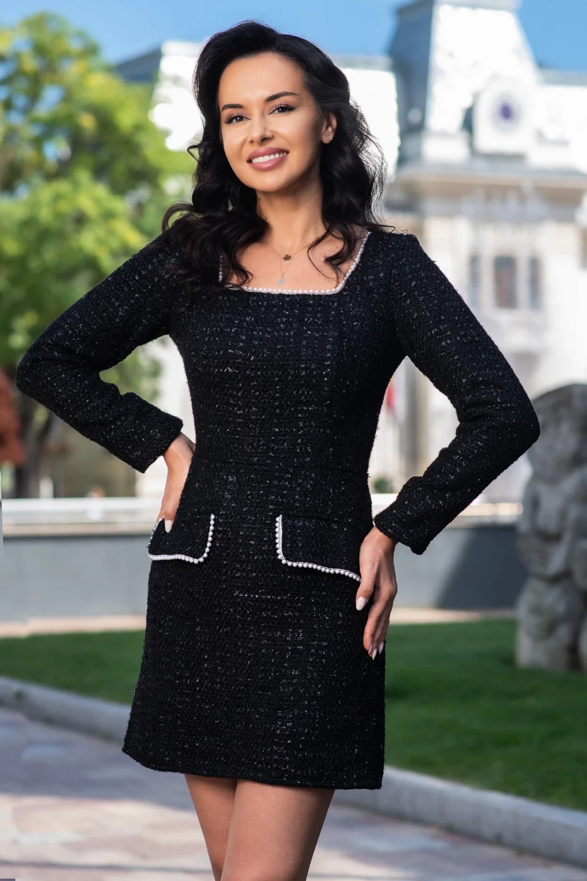 Ella Collection Rochie de zi Raissa neagra din tweed cu perlaje decorative