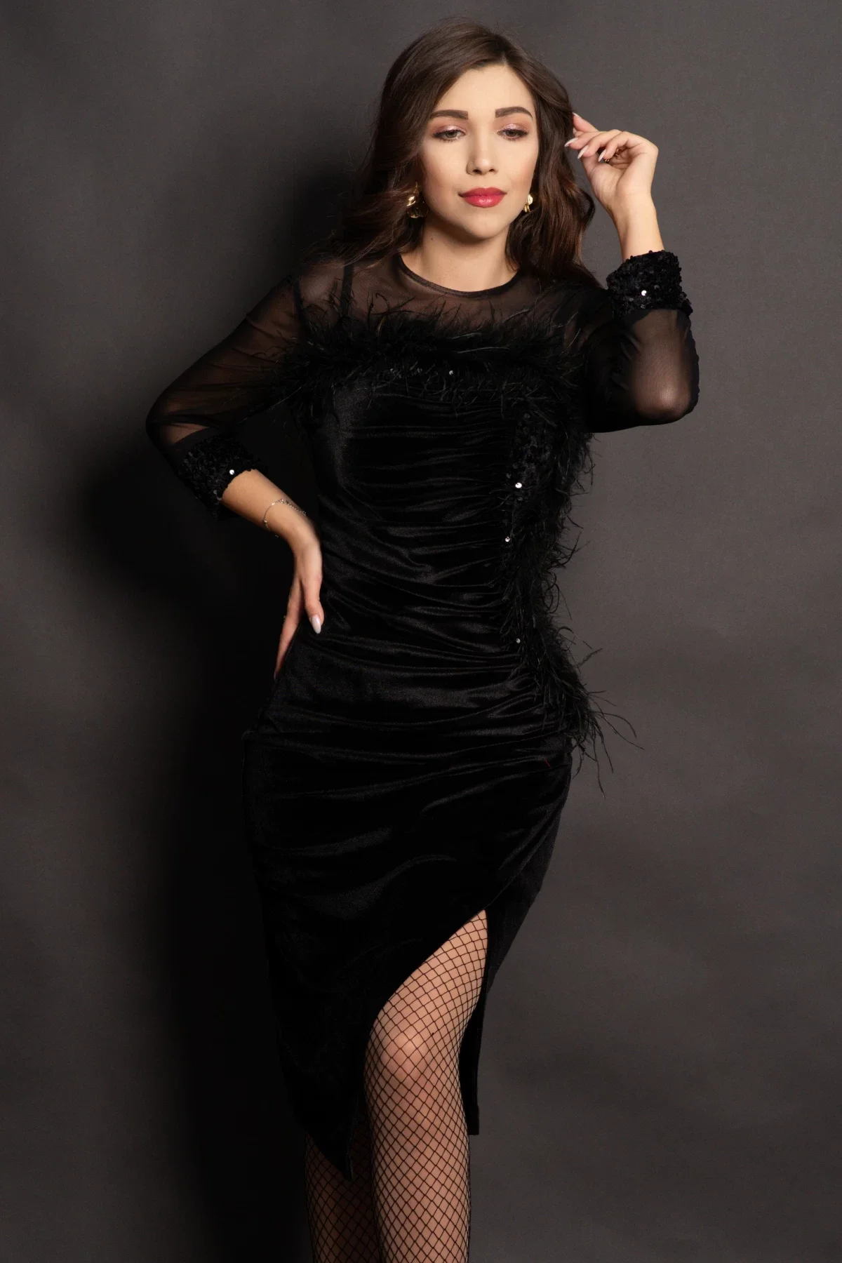 Ella Collection Rochie din catifea neagra Noelia cu paiete si fulgi