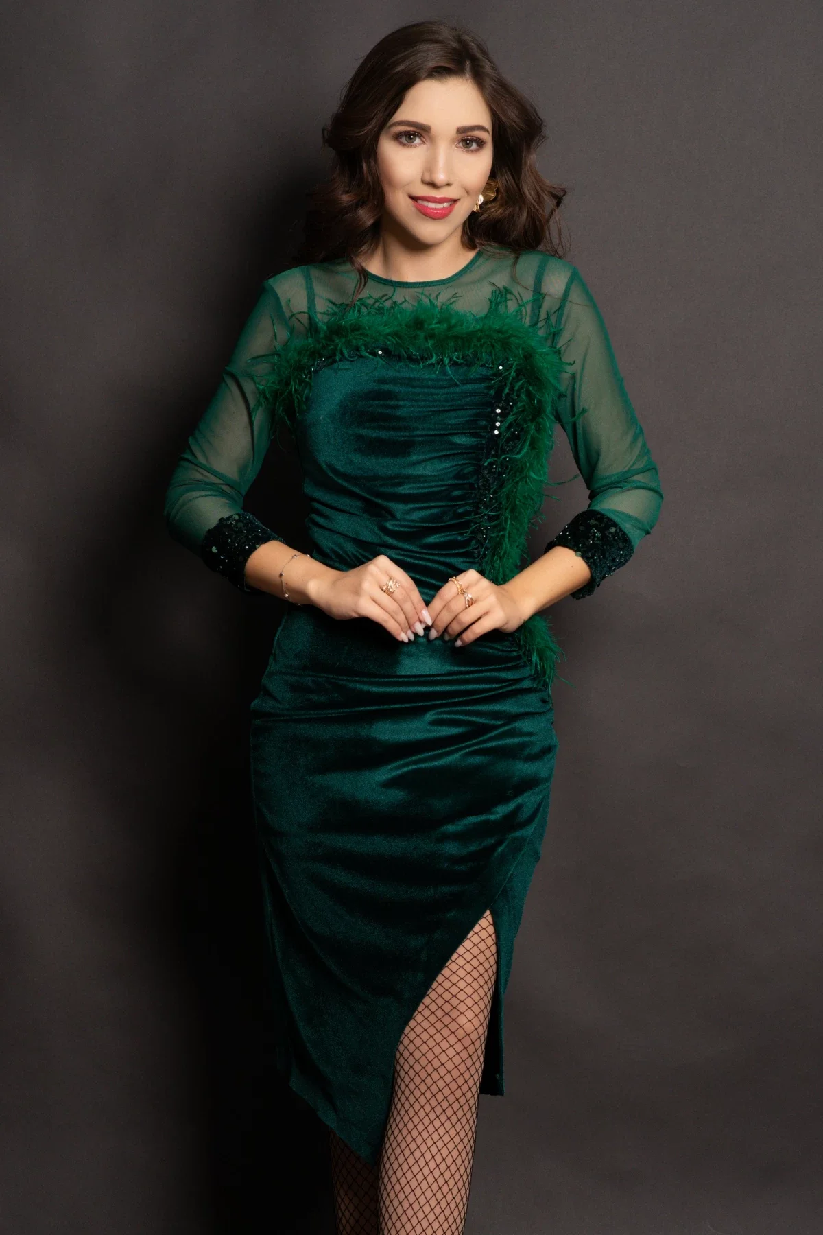 Ella Collection Rochie din catifea verde Noelia cu paiete si fulgi
