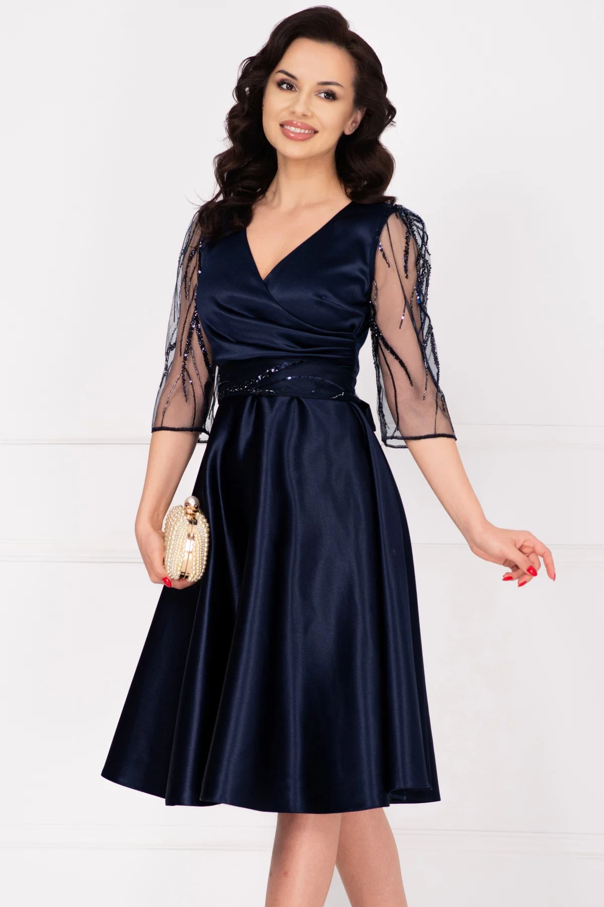 Ella Collection Rochie eleganta midi bleumarin Britney in clos cu maneci din tulle