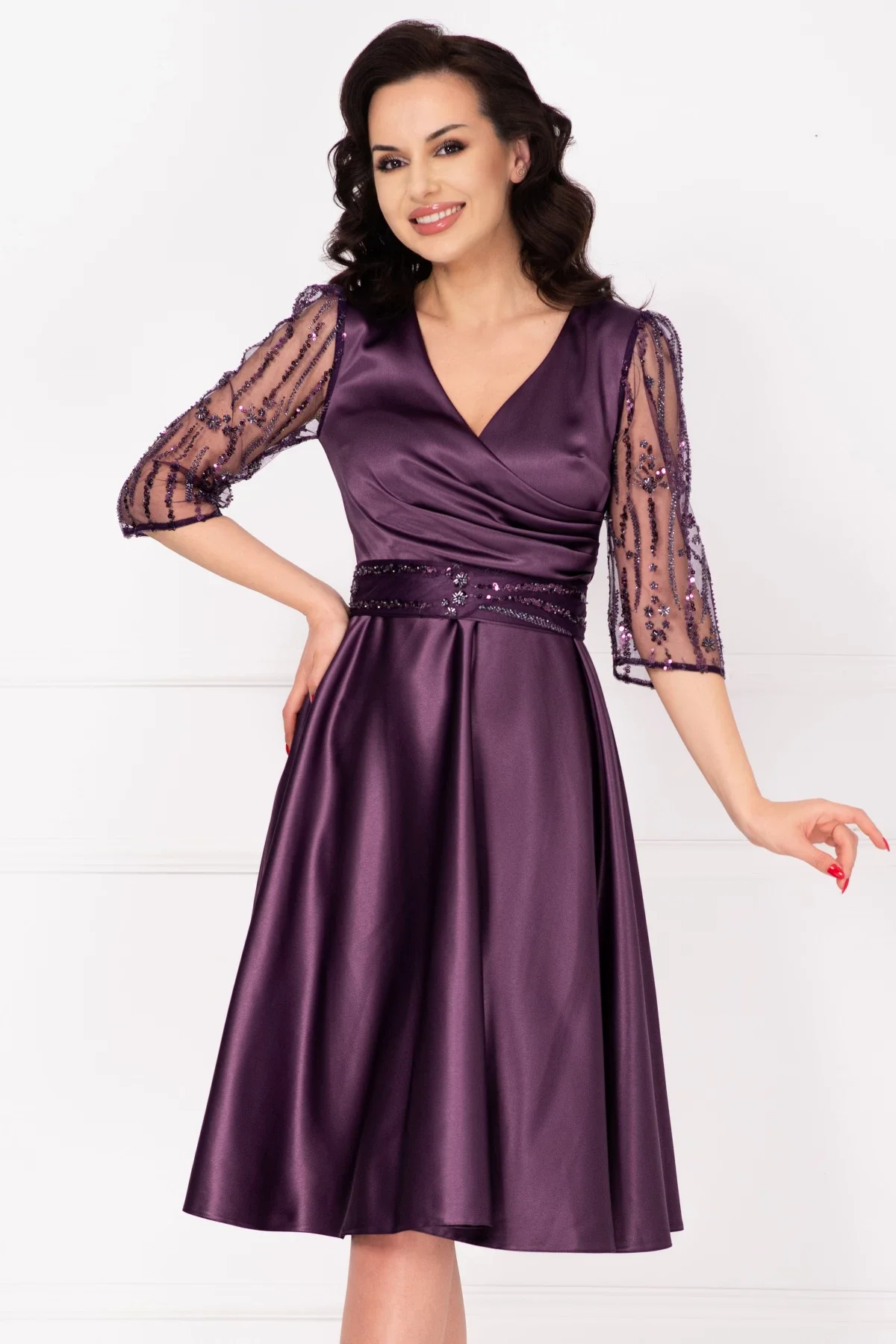 Ella Collection Rochie eleganta midi mov Britney in clos cu maneci din tulle