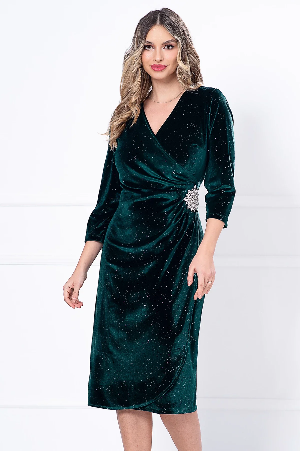 Ella Collection Rochie eleganta verde din catifea Caterina cu glitter si accesoriu argintiu in talie