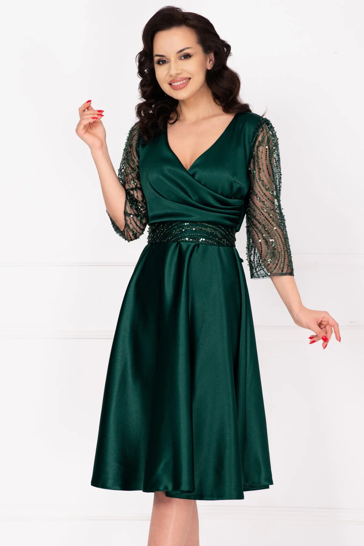 Ella Collection Rochie eleganta verde midi Britney in clos cu maneci din tulle