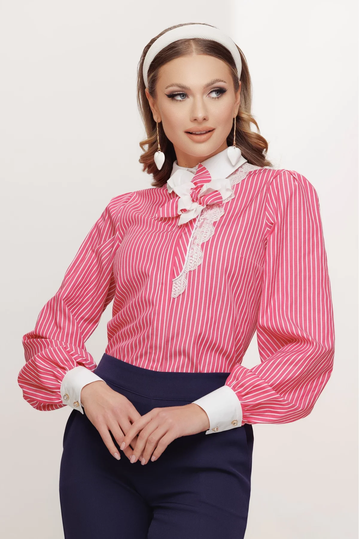 Fofy Camasa dama office ciclame cu dungi si floare detasabila