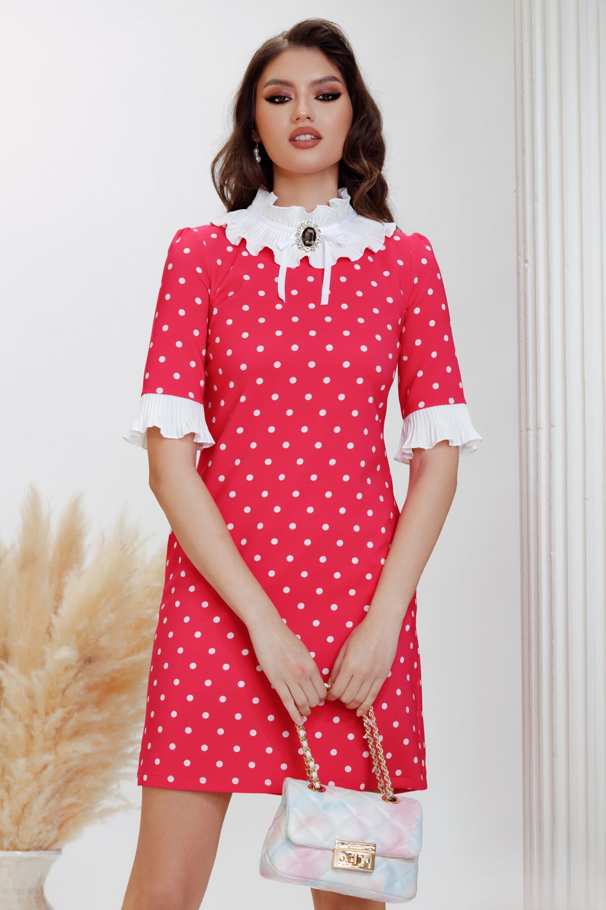 Fofy Rochie de zi in A ciclame cu buline albe guler si mansete plisate