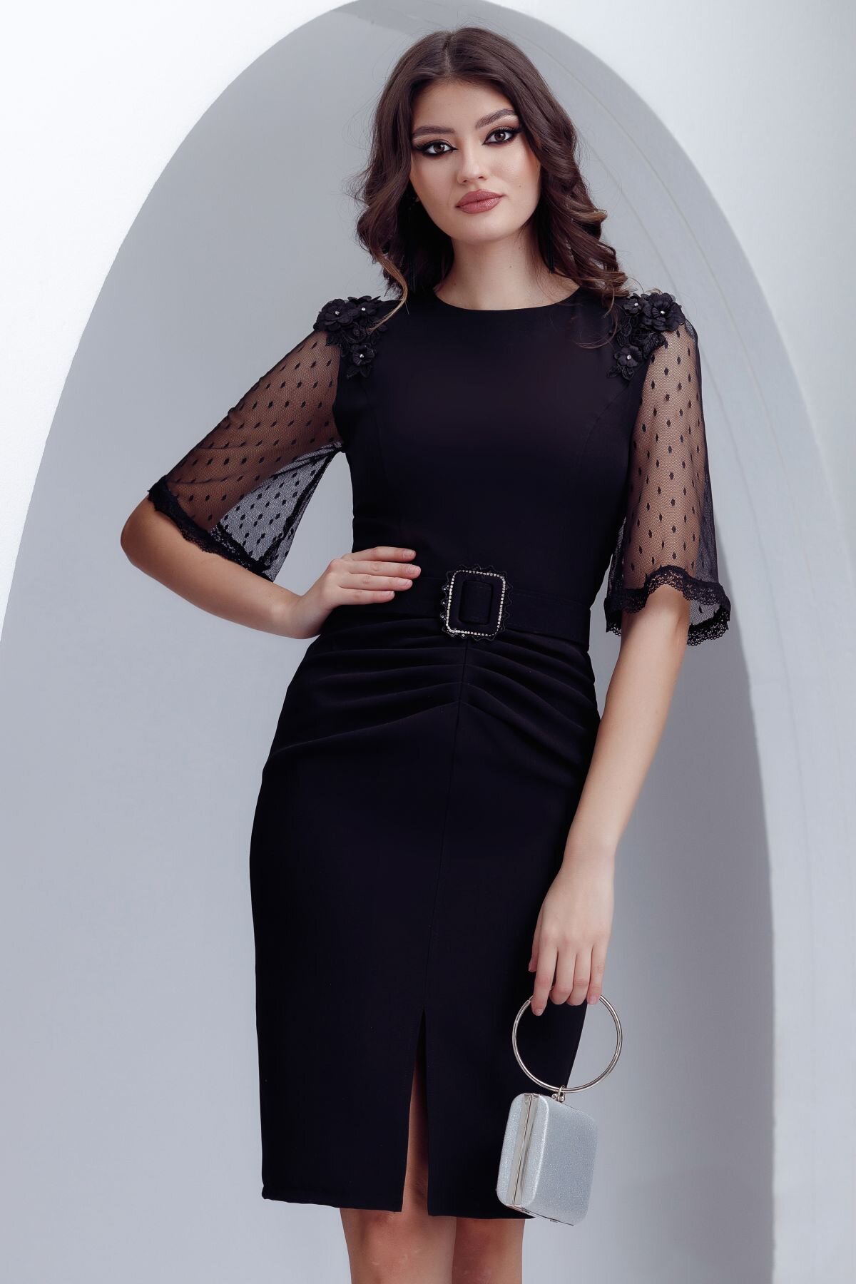 Fofy Rochie eleganta neagra cu maneci de dantela si aplicatii 3D