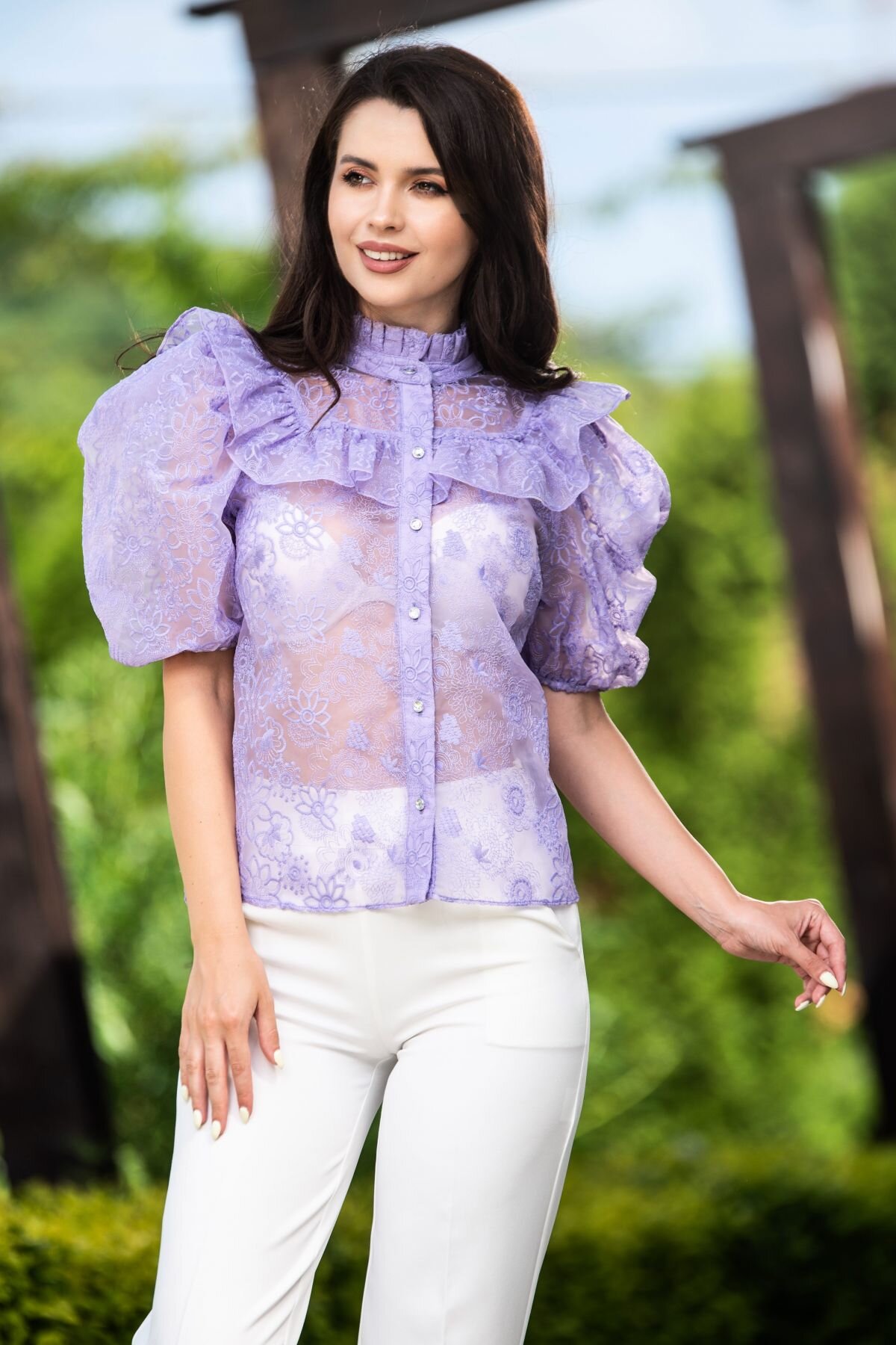 InPuff Basic Camasa din organza lila brodata