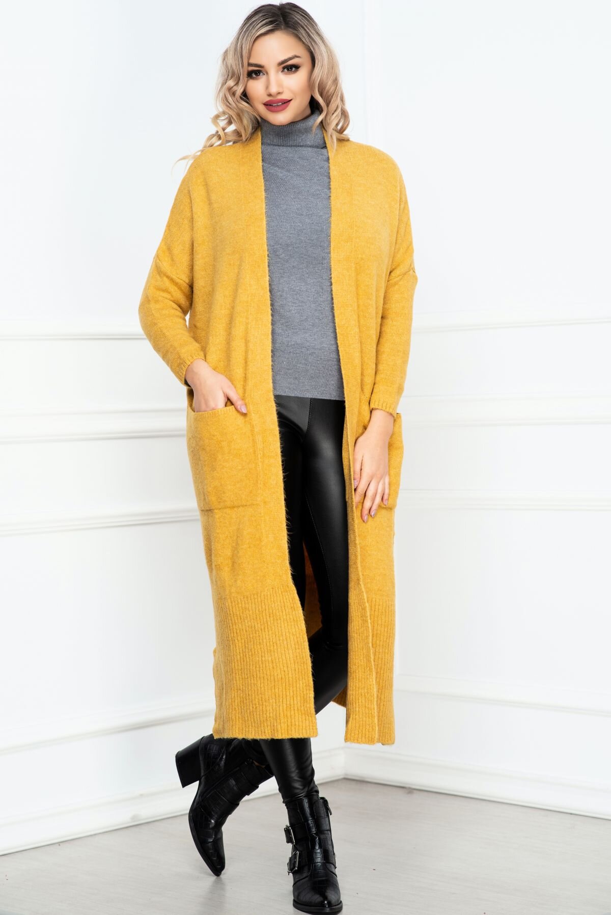 InPuff Basic Cardigan lung camel din tricot