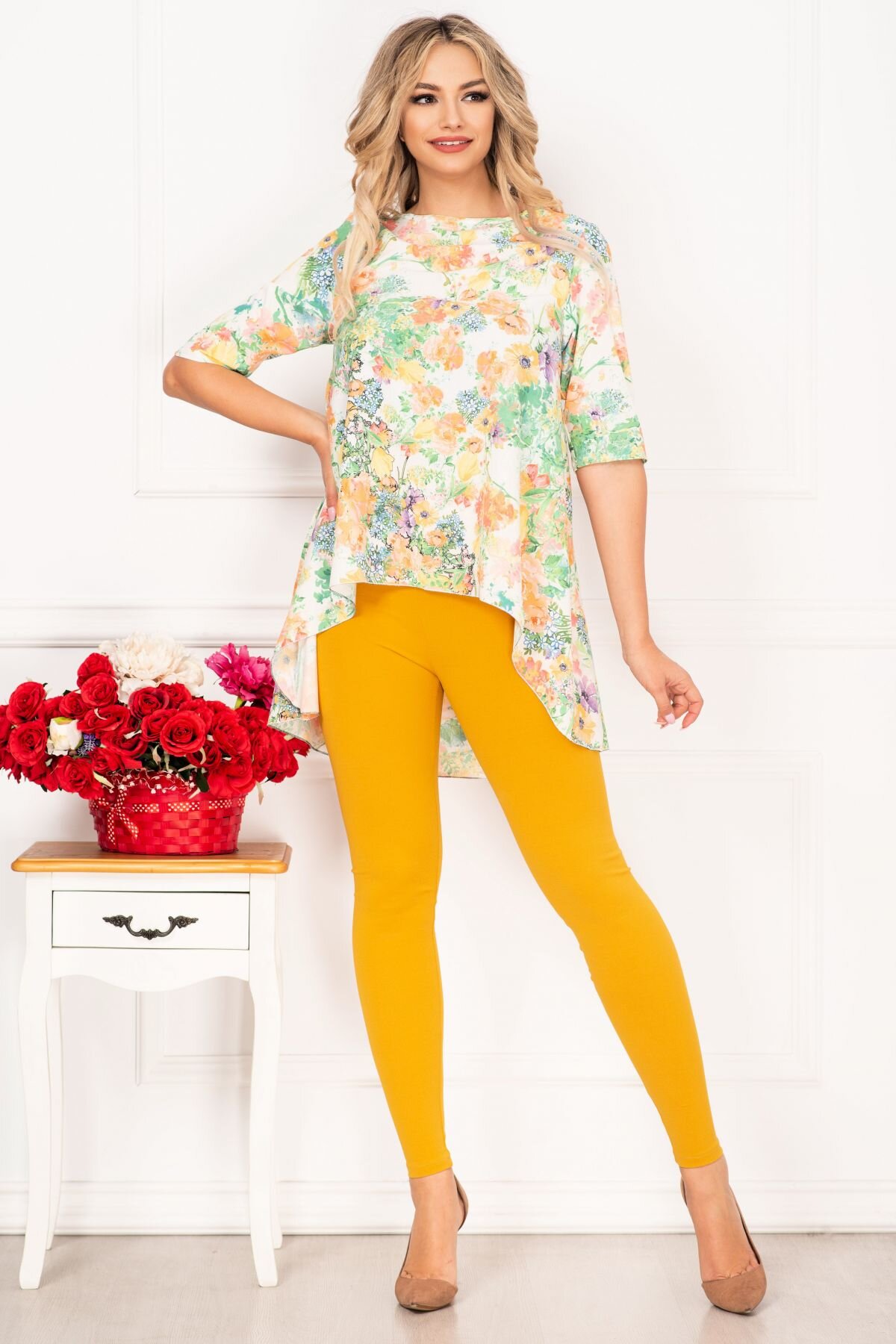 InPuff Basic Compleu casual Linda cu bluza asimetrica si imprimeu floral By InPuff