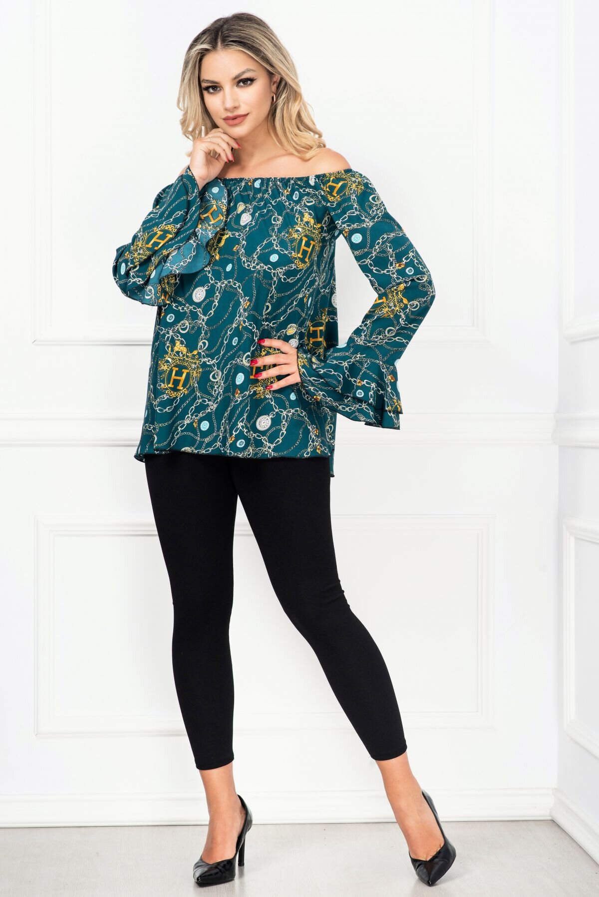 InPuff Basic Compleu dama verde Eliza cu imprimeu si volane la maneci By InPuff