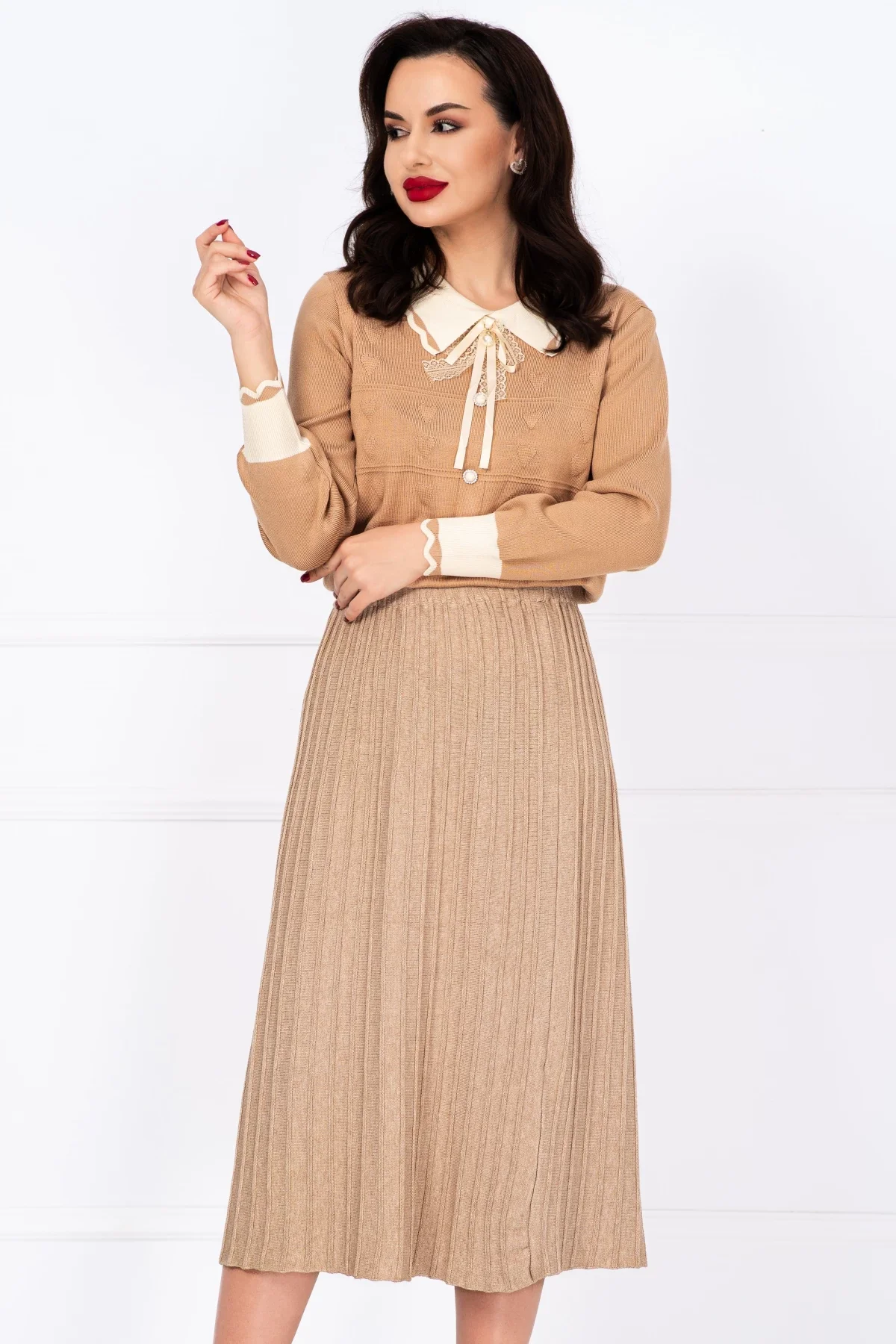InPuff Basic Fusta midi bej din tricot cu talie elastica