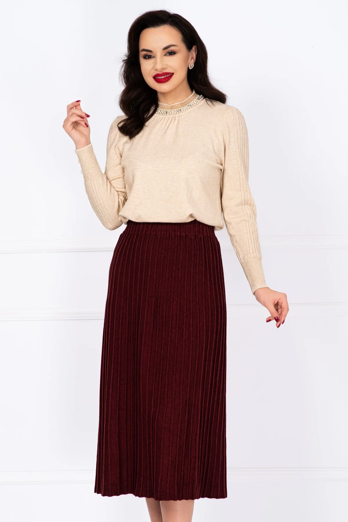 InPuff Basic Fusta midi grena din tricot cu talie elastica