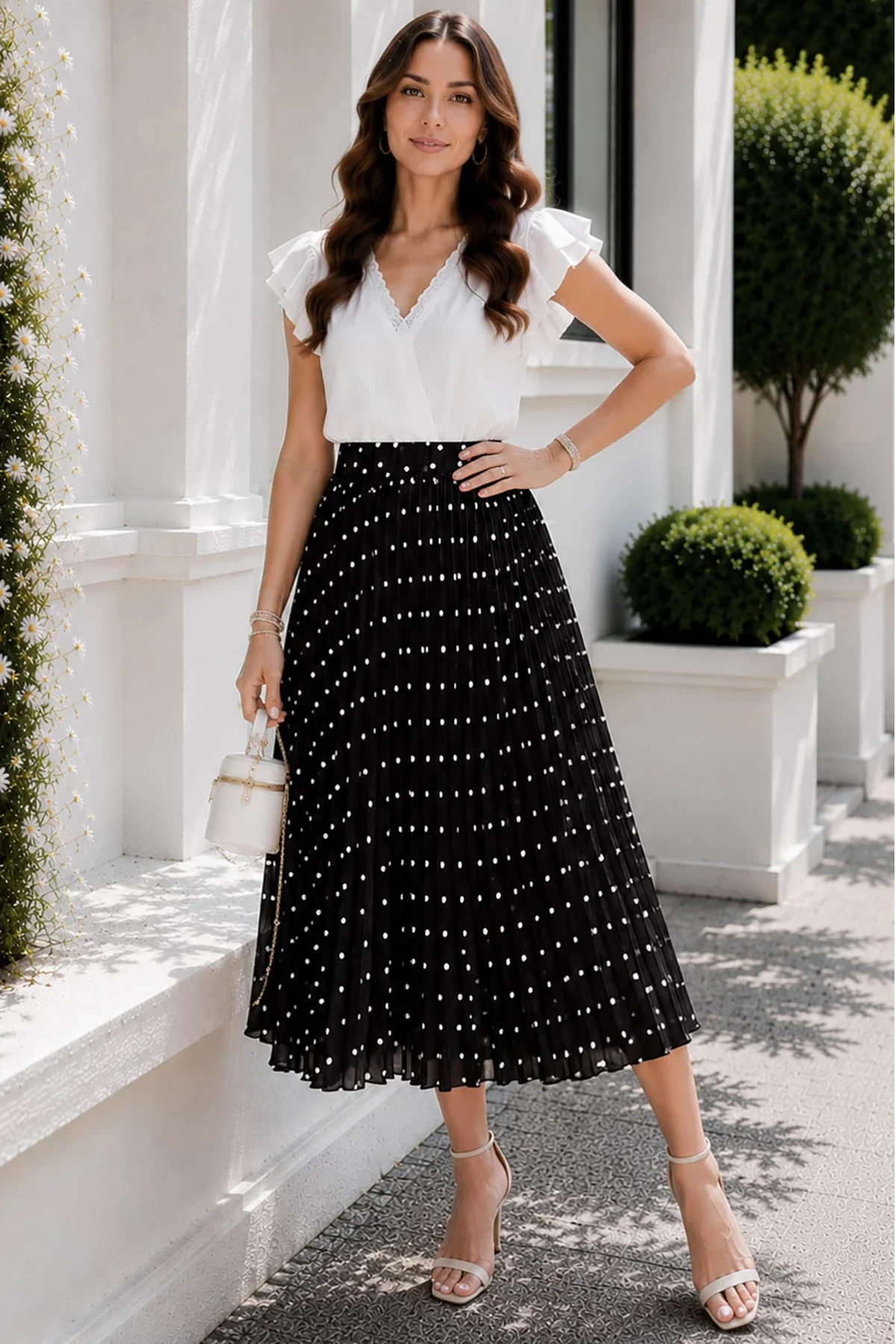 InPuff Basic Fusta midi in clos alba Sofiana cu pliseuri si buline negre