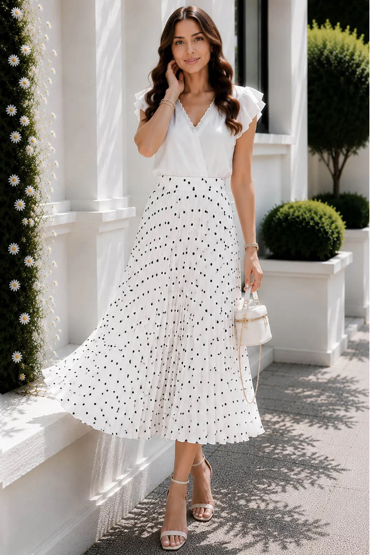 InPuff Basic Fusta midi in clos alba Sofiana cu pliseuri si buline negre