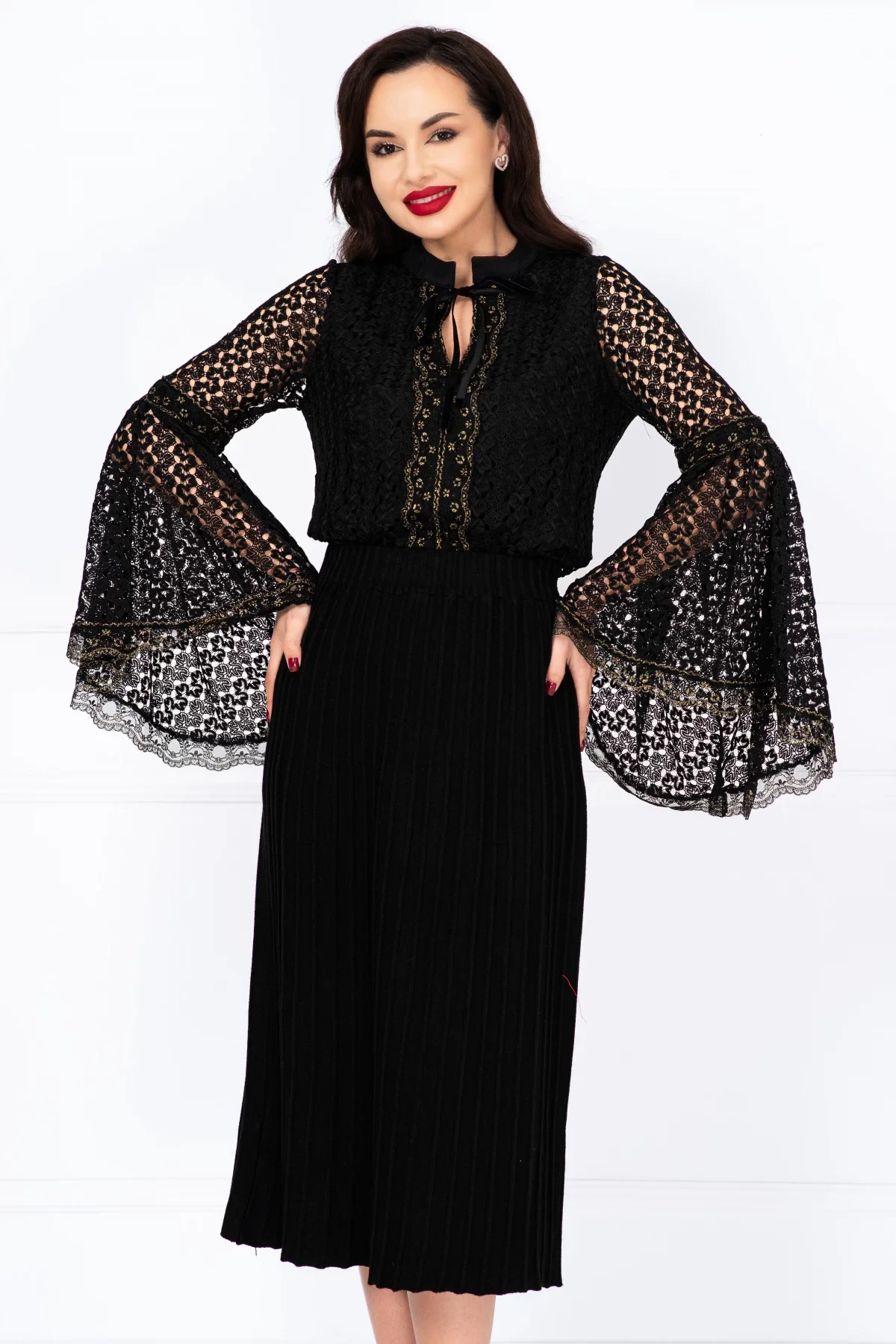 InPuff Basic Fusta midi neagra din tricot cu talie elastica