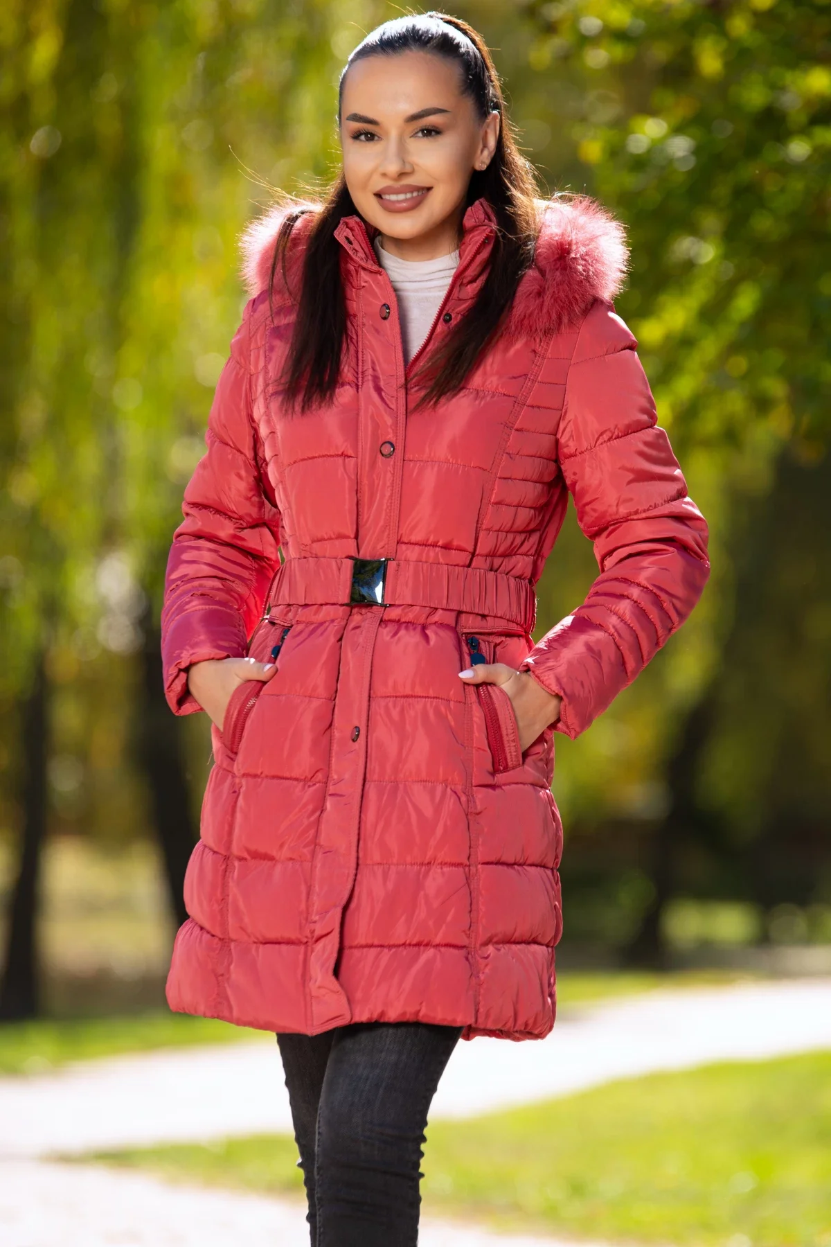 InPuff Basic Geaca lunga matlasata culoarea roz cu gluga detasabila si blanita