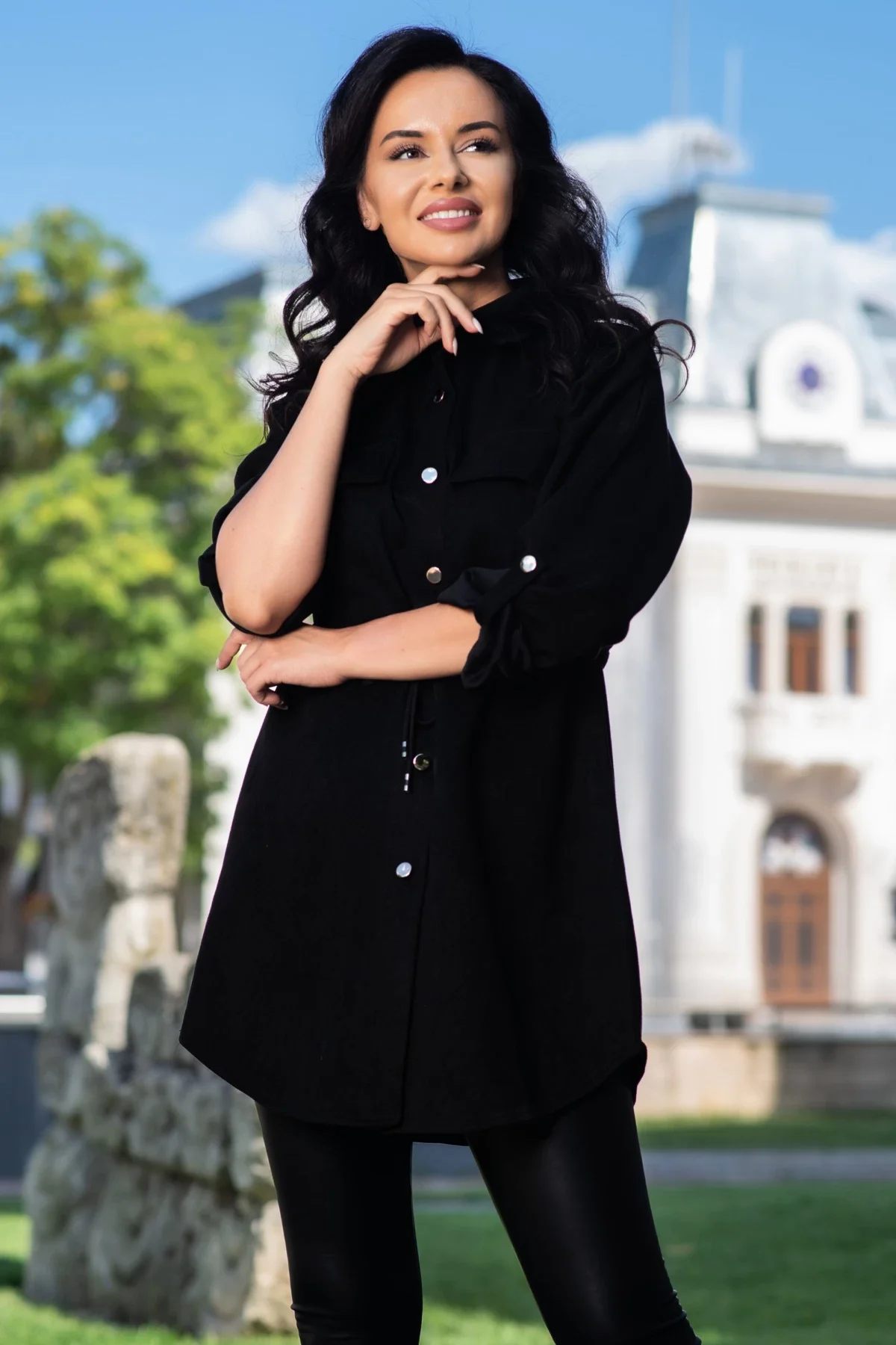 InPuff Basic Jacheta lunga neagra tip camasa din material catifelat