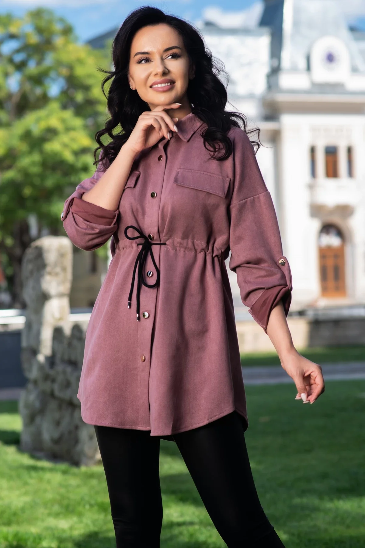 InPuff Basic Jacheta lunga roz tip camasa din material catifelat