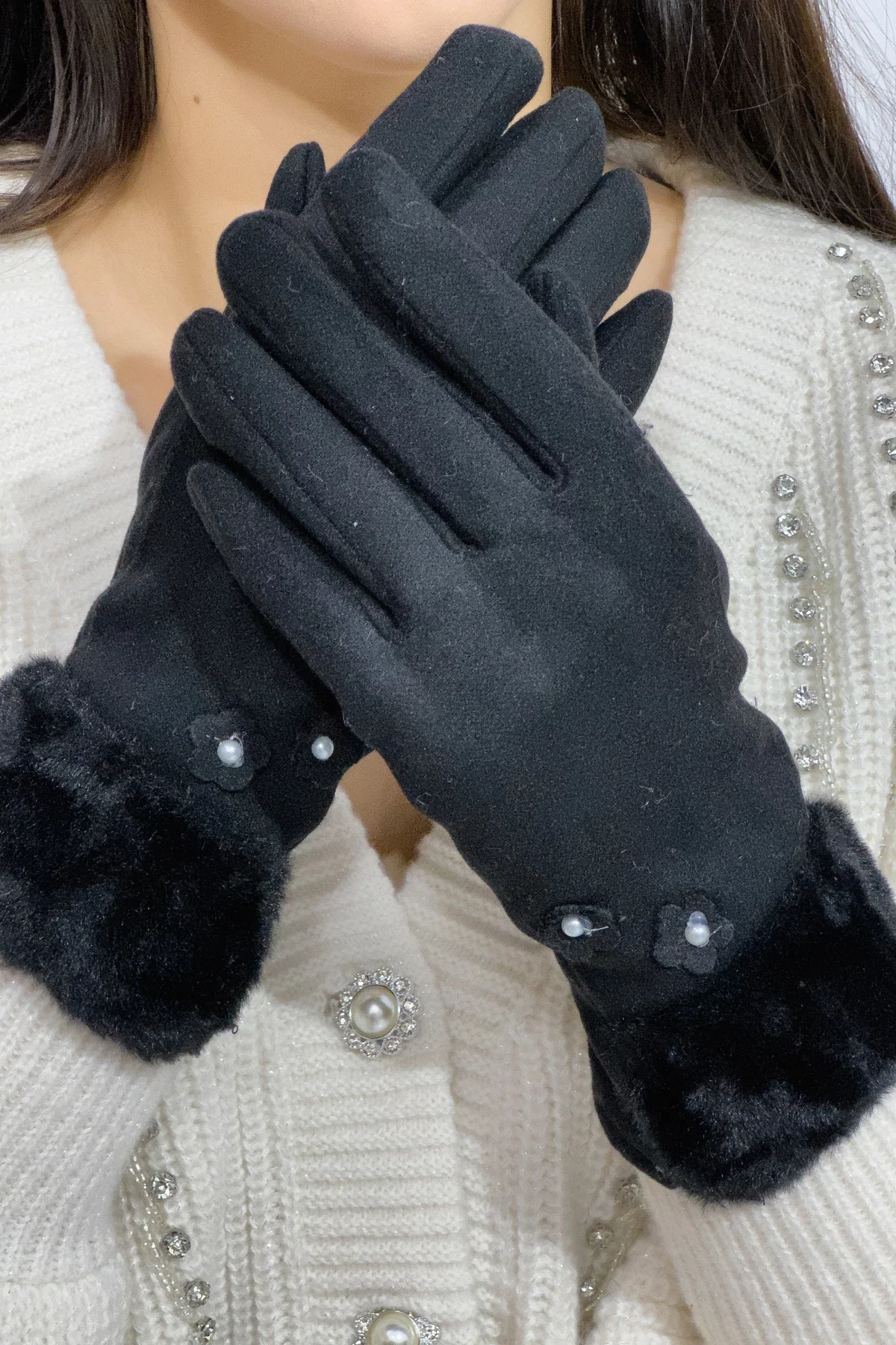 InPuff Basic Manusi elegante Gilda negre cu blanita si flori decorative