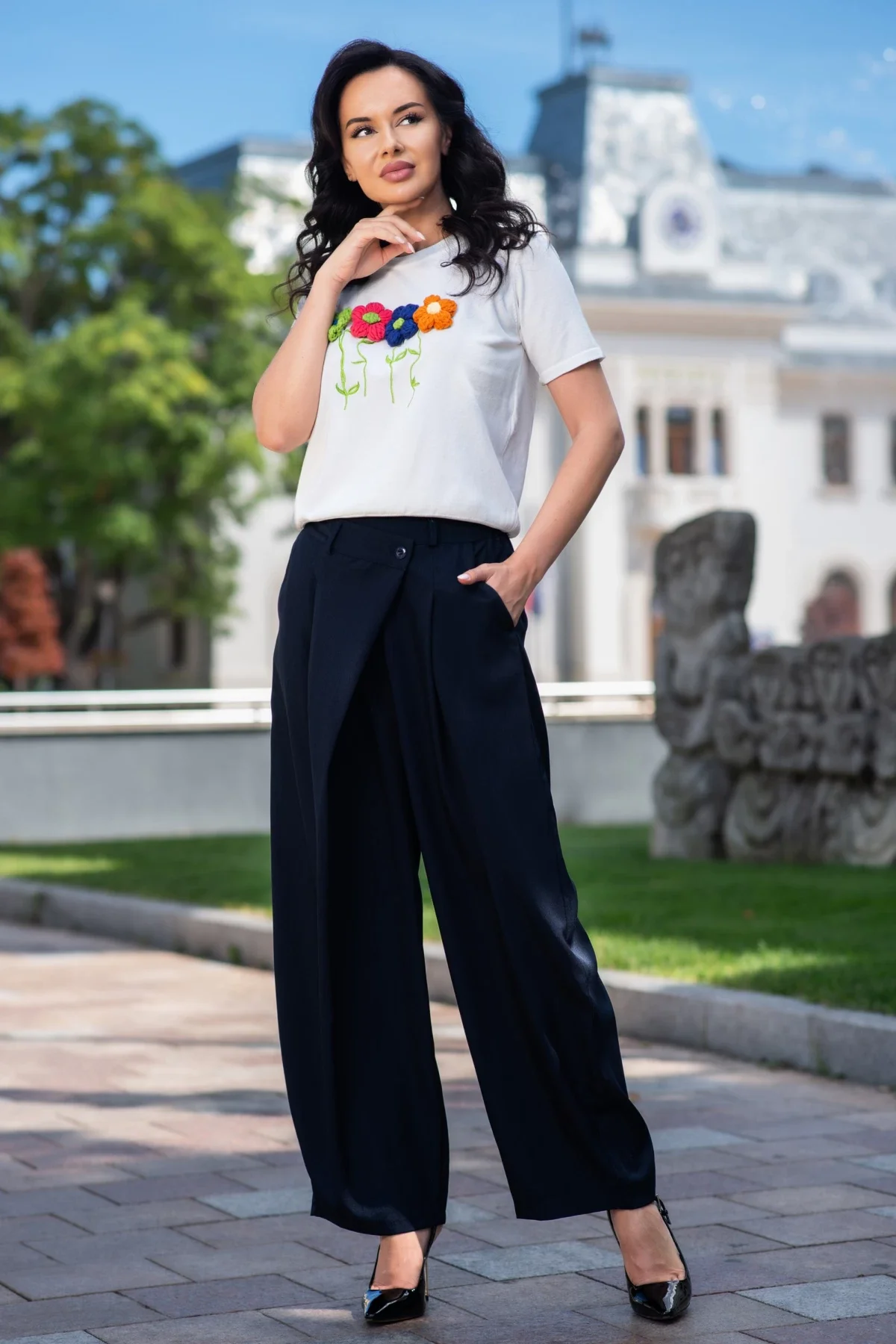 InPuff Basic Pantaloni eleganti bleumarin cu talie asimetrica si croi wide leg