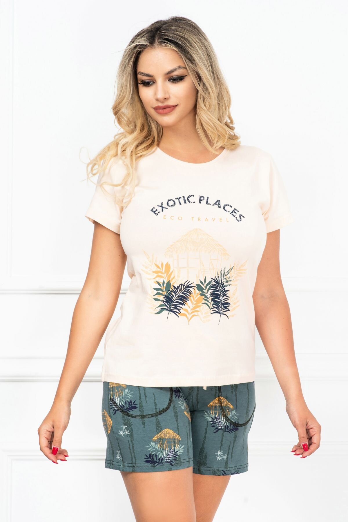 InPuff Basic Pijama dama din bumbac din doua piese cu imprimeu tropical