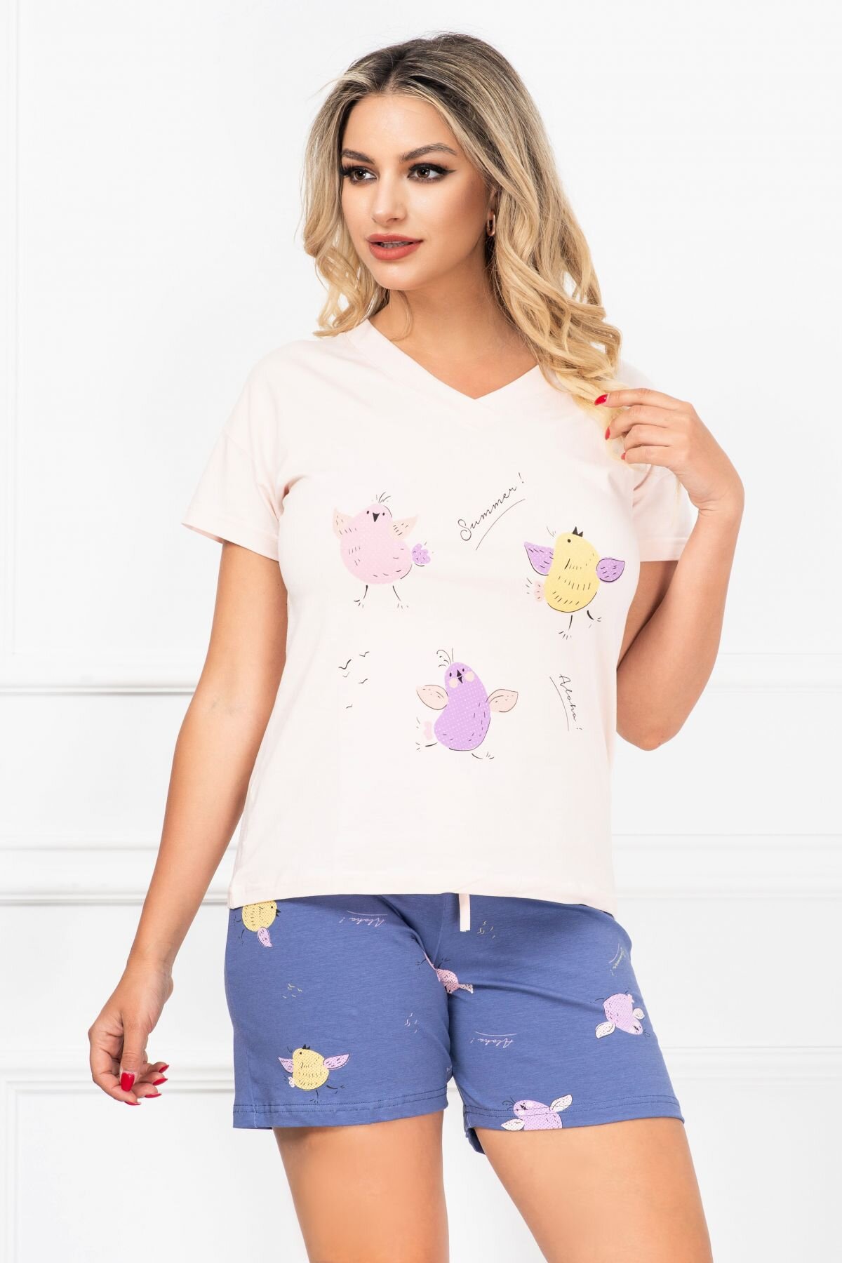 InPuff Basic Pijama de dama din doua piese cu imprimeu puisori colorati