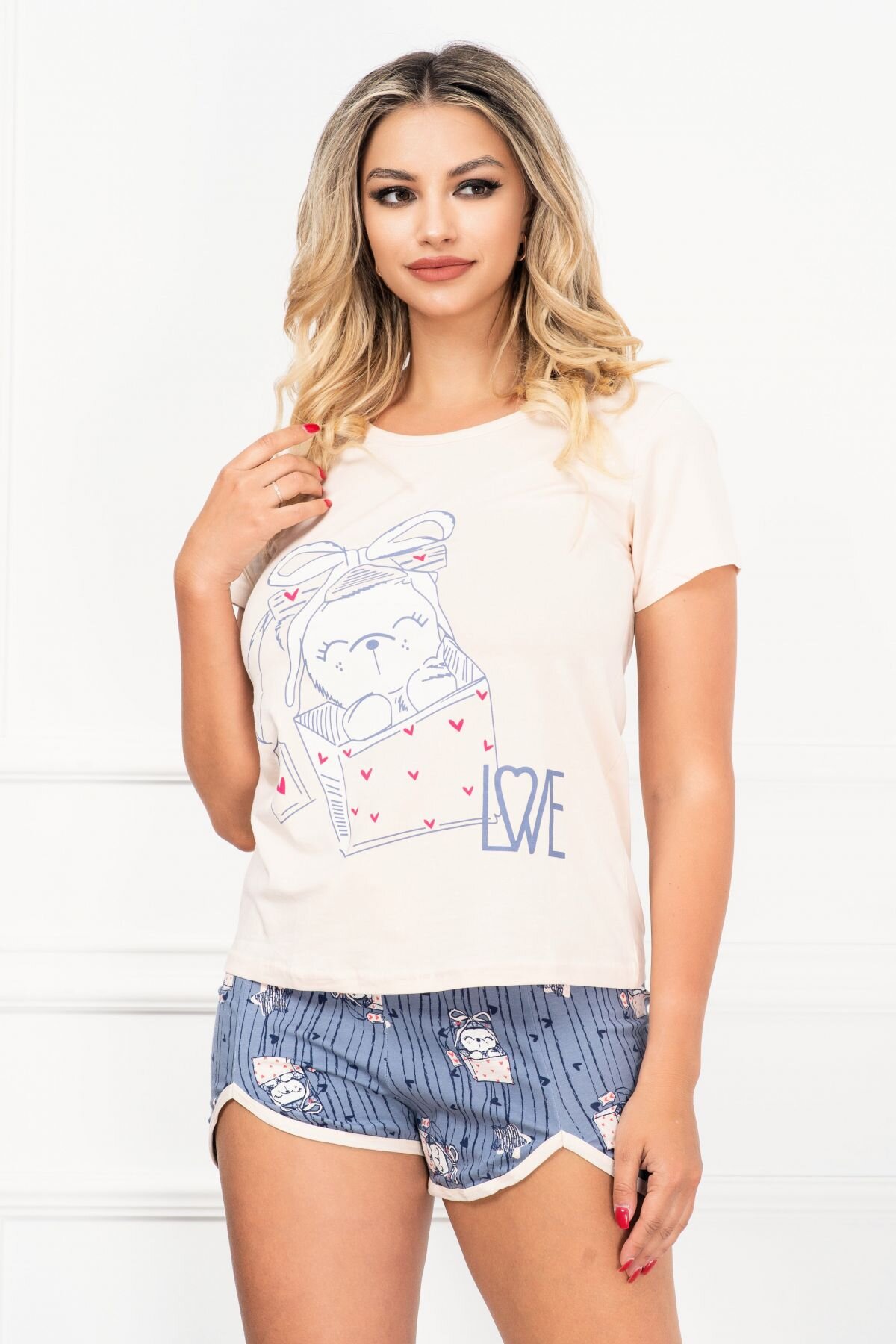 InPuff Basic Pijama de dama trendy din doua piese cu imprimeu ursulet cu fundita