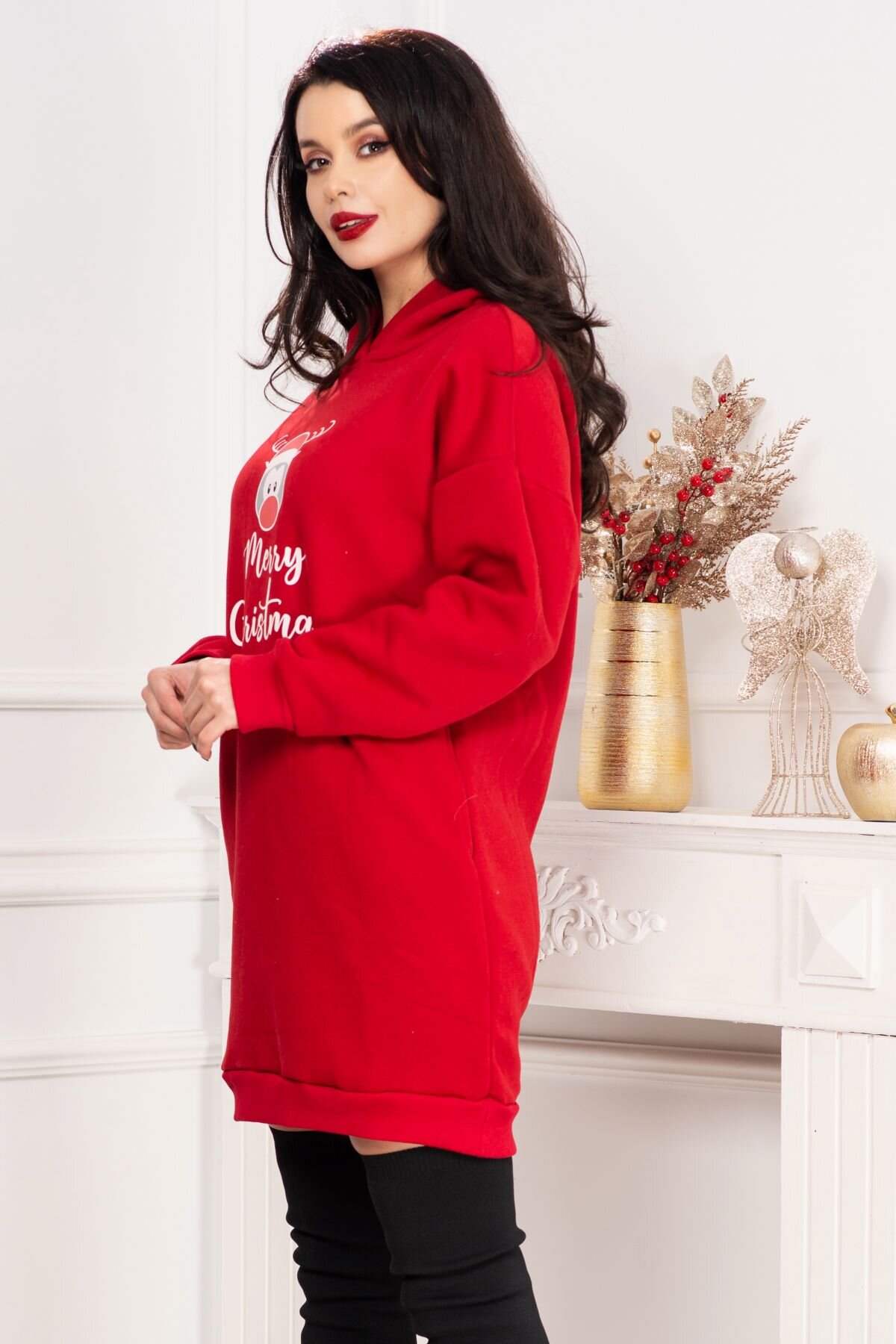 InPuff Basic Pulover Merry Christmas rosu lejer cu model ren