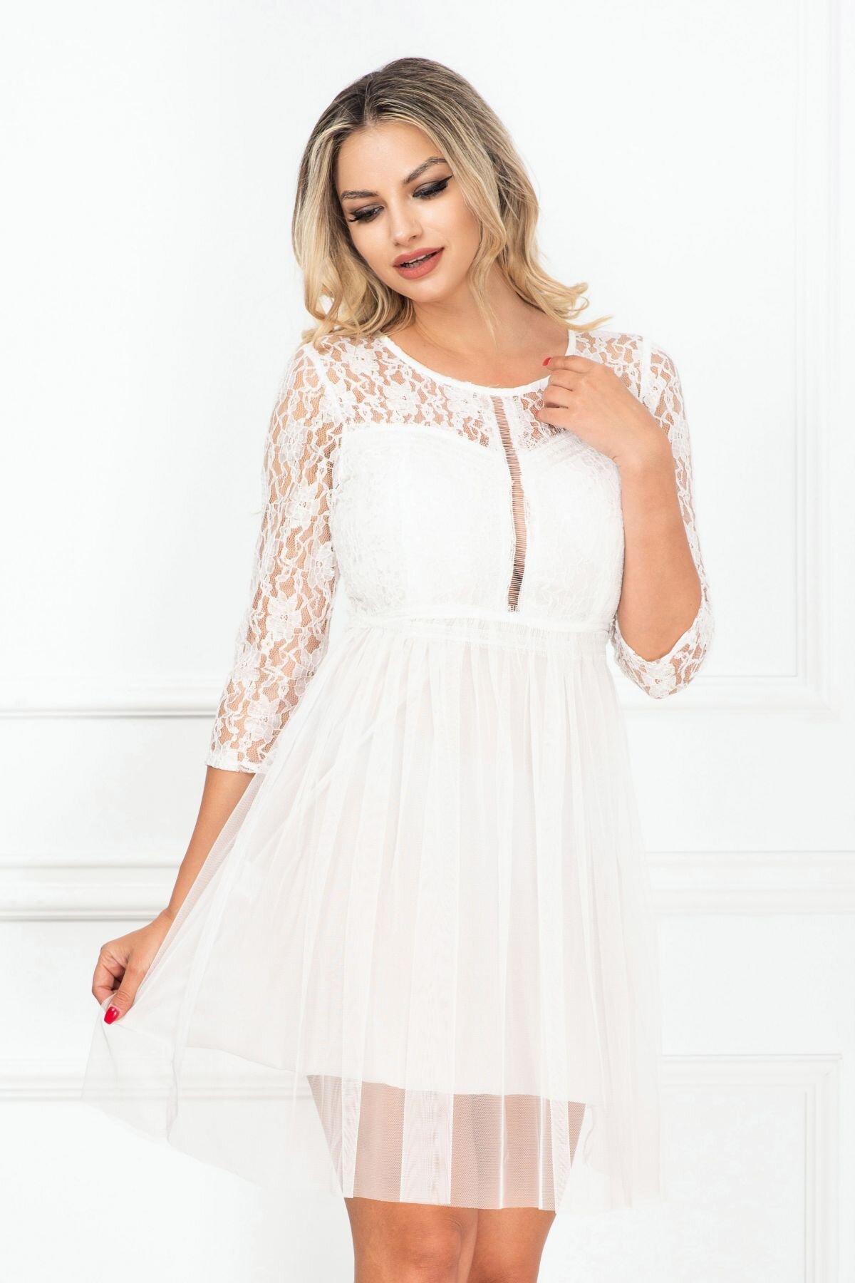 InPuff Basic Rochie de cununie in clos mini din dantela si tul alb