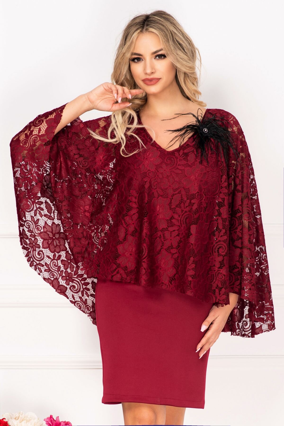 InPuff Basic Rochie de ocazie Gina bordo cu dantela si accesoriu cu fulgi by InPuff
