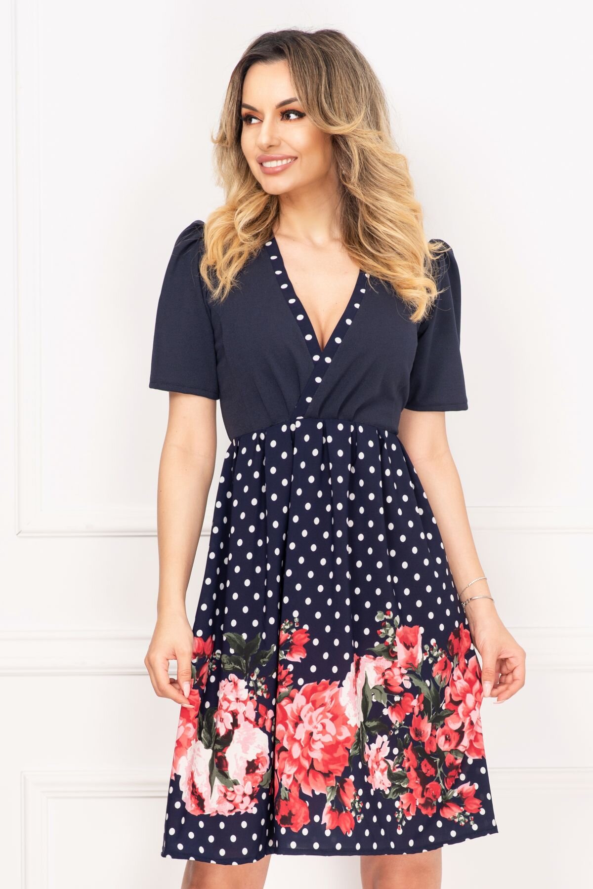 InPuff Basic Rochie de vara bleumarin Rubi cu buline si imprimeu floral By InPuff