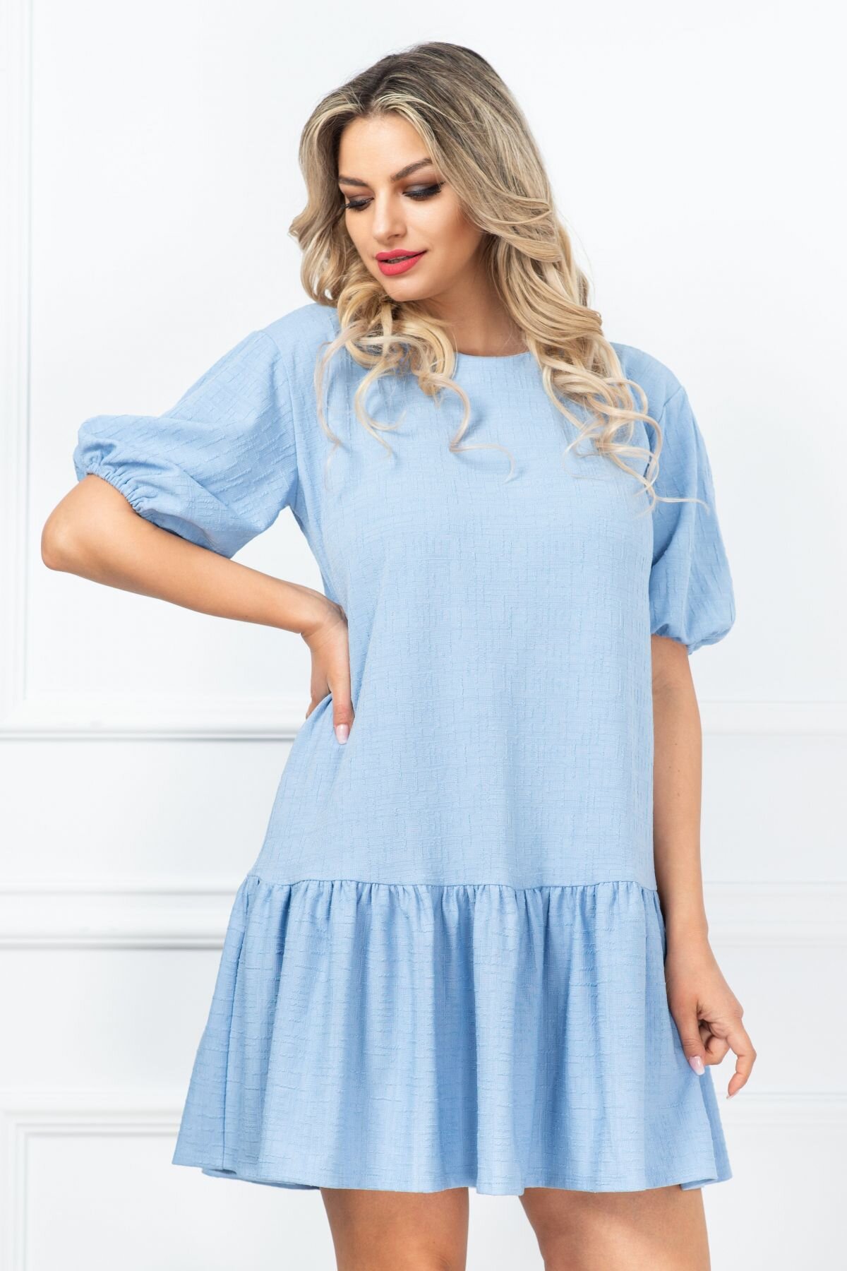 InPuff Basic Rochie de vara lejera Anna bleu cu volan amplu