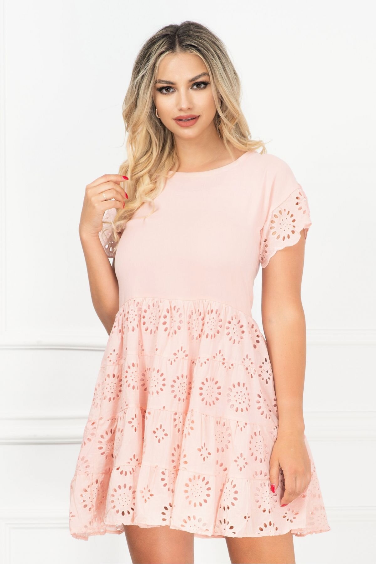 InPuff Basic Rochie de vara roz lejera cu broderie englezeasca