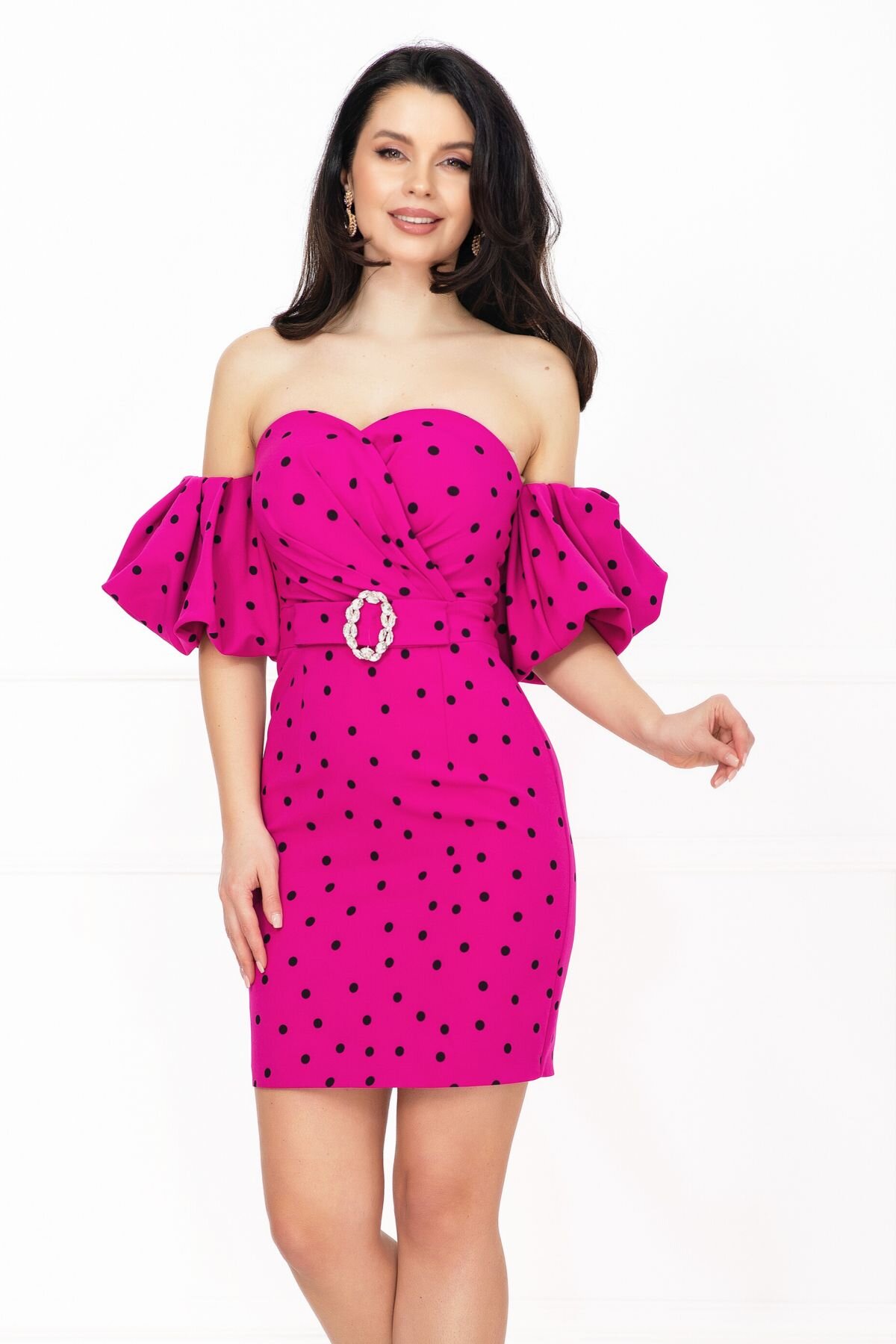 InPuff Basic Rochie de zi cu buline Layla fucsia cu maneci gogosar