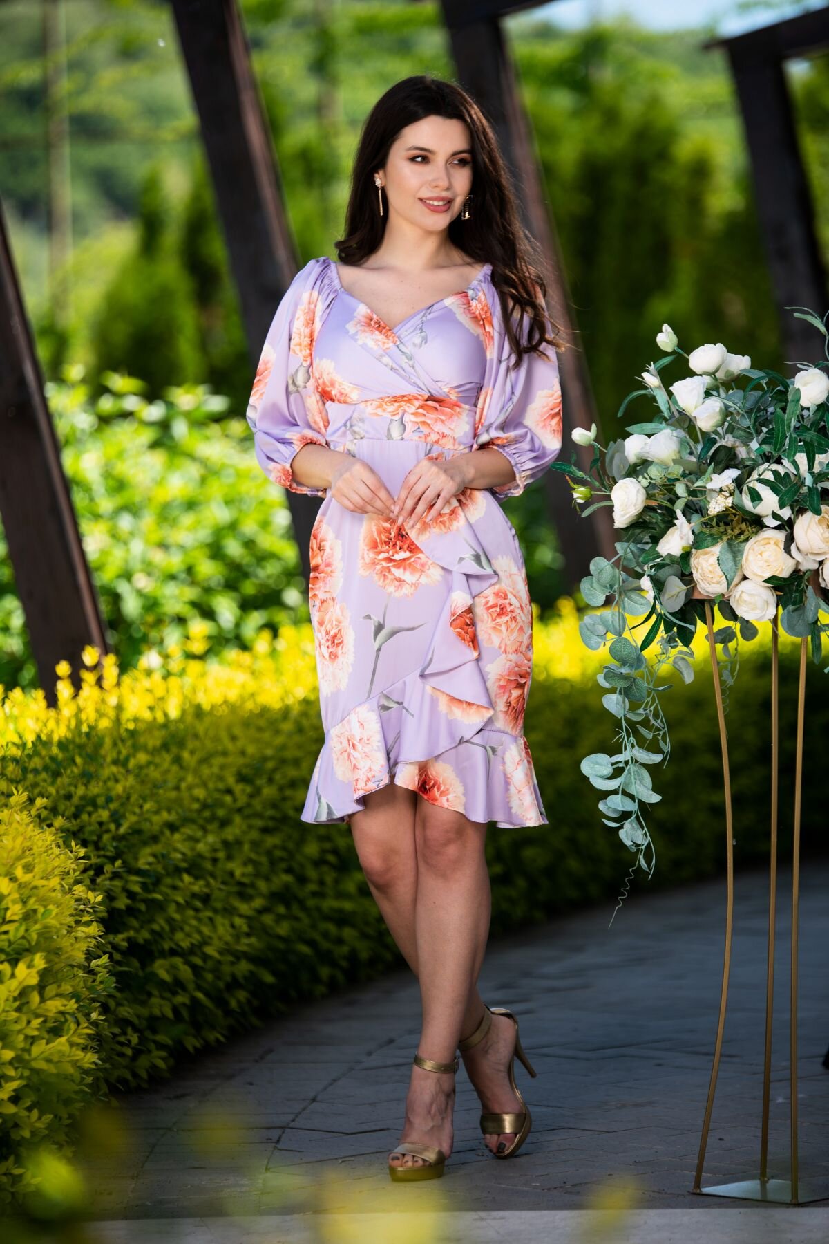 InPuff Basic Rochie de zi satinata lila cu imprimeu floral