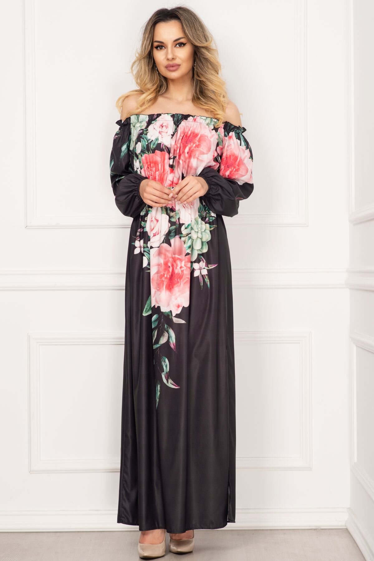 InPuff Basic Rochie eleganta lunga neagra din voal satinat cu imprimeu floral