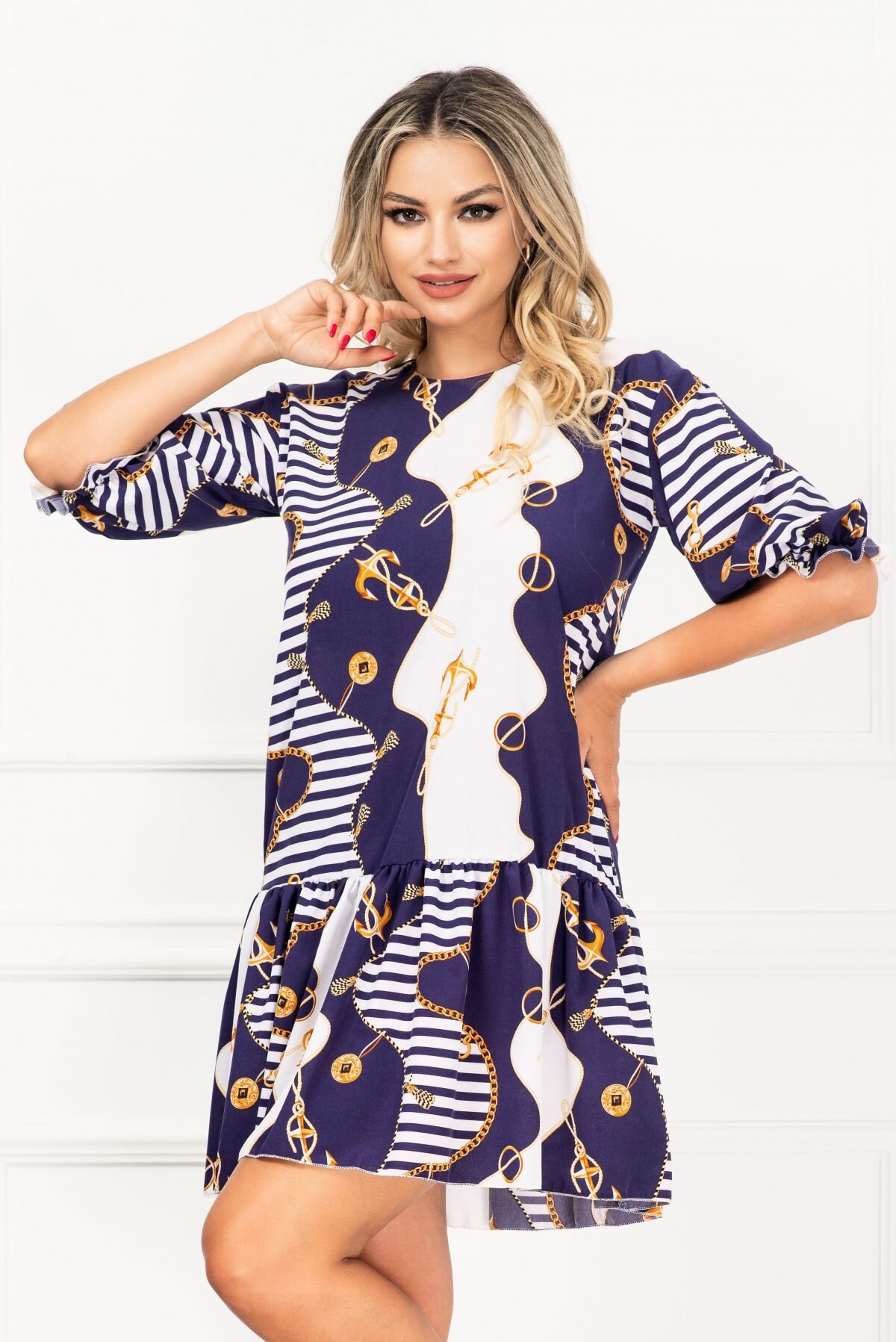 InPuff Basic Rochie Melania de vara cu volanas si imprimeu maritim