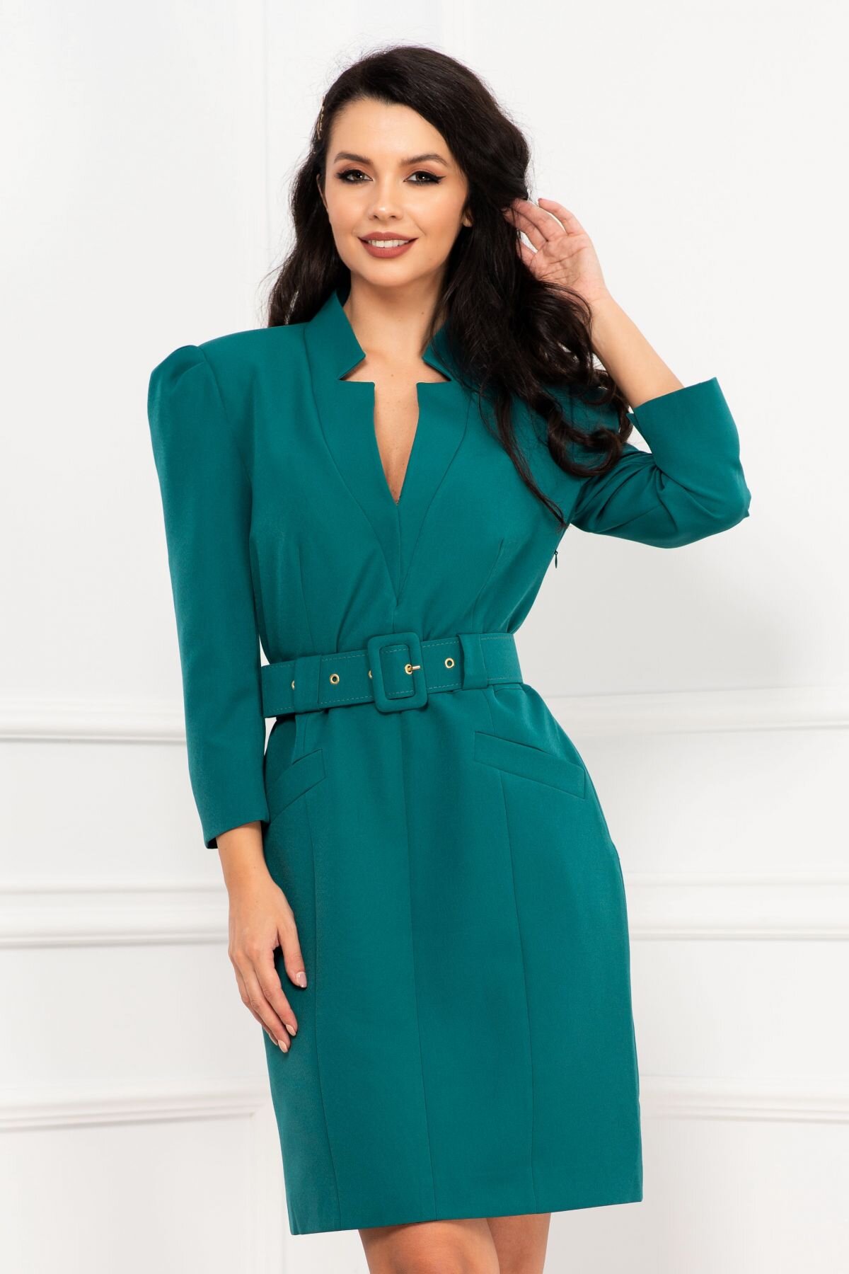 InPuff Basic Rochie office eleganta verde dreapta cu centura in talie