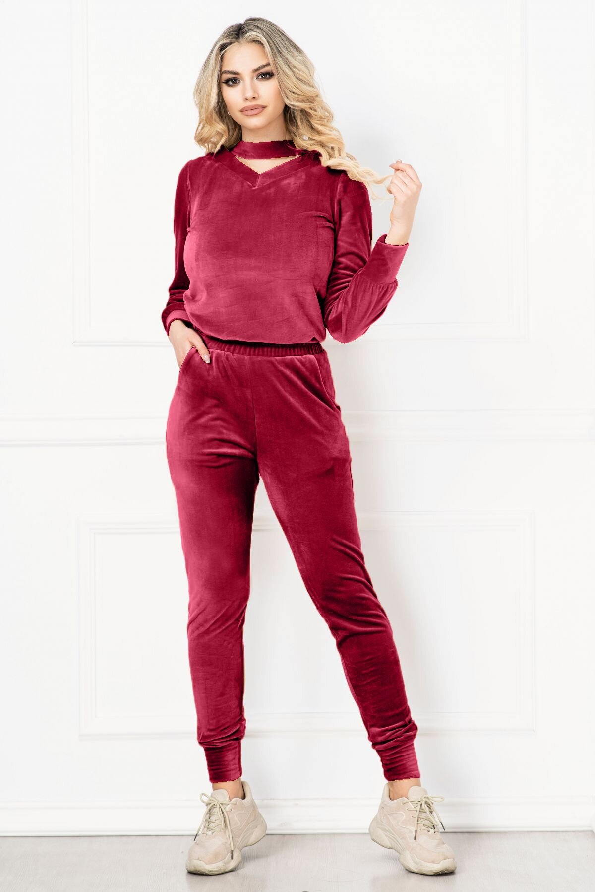 InPuff Basic Trening bordo din catifea Priscilla cu banda in jurul gatului