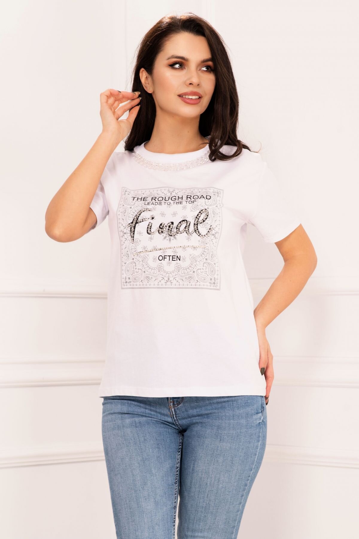 InPuff Basic Tricou chic alb Top Final cu strassuri si lant decorativ