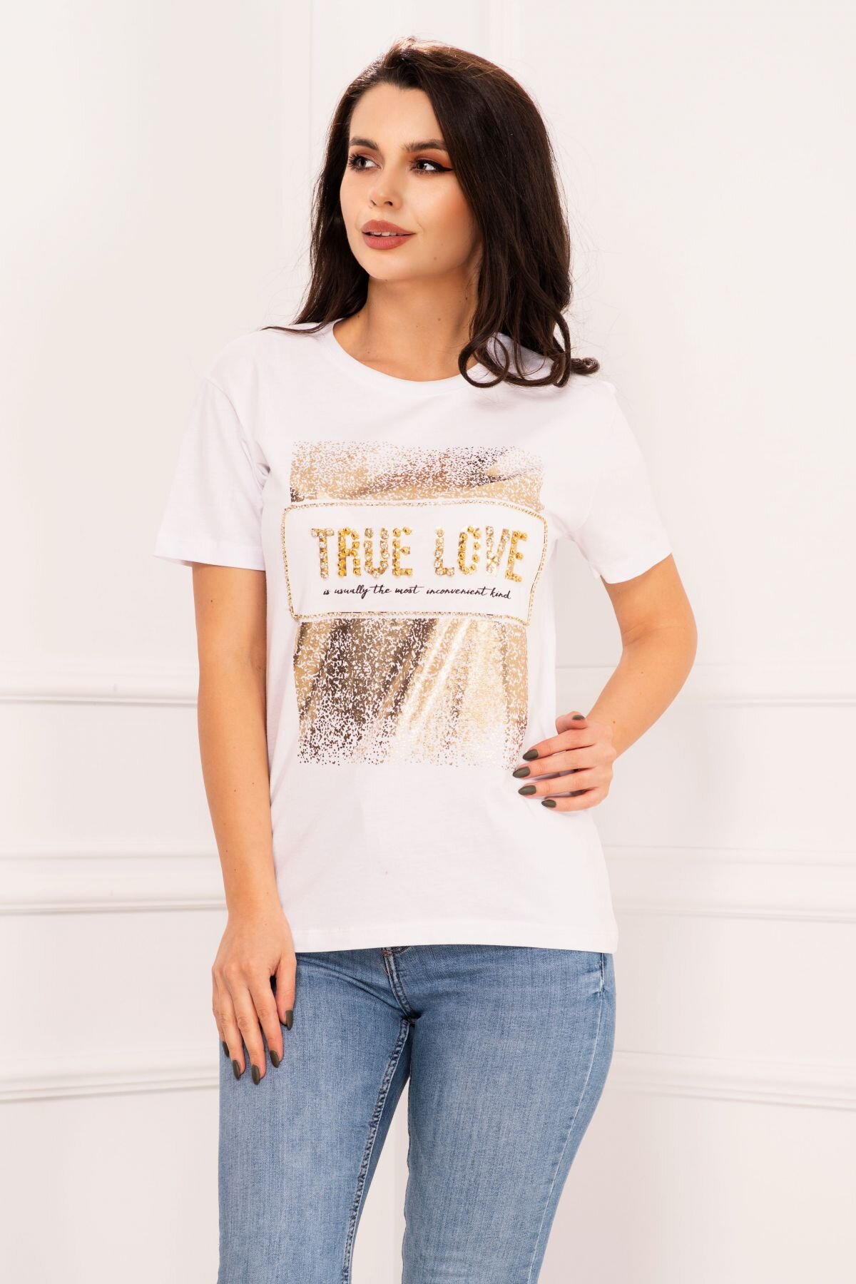 InPuff Basic Tricou chic alb True Love cu aplicatii aurii