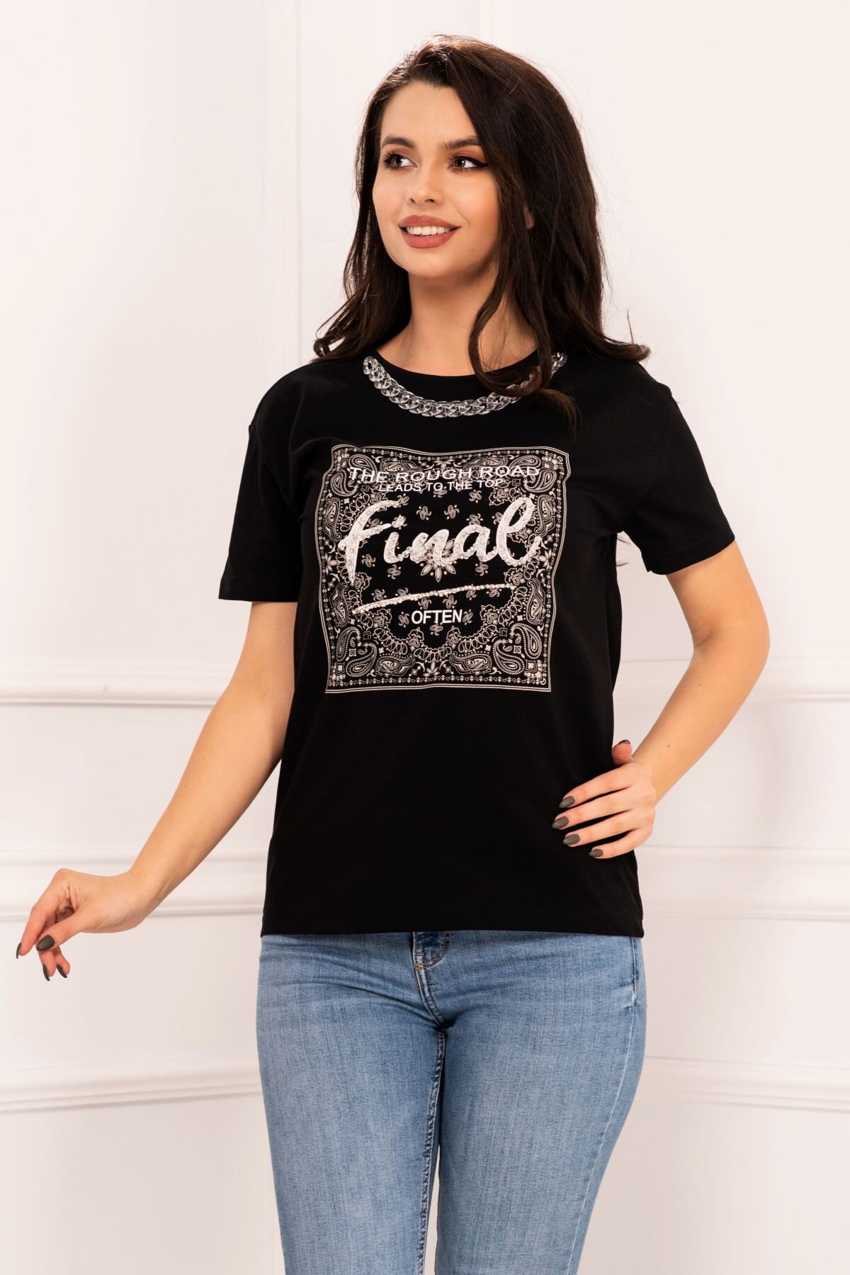 InPuff Basic Tricou chic negru Top Final cu strassuri si lant decorativ