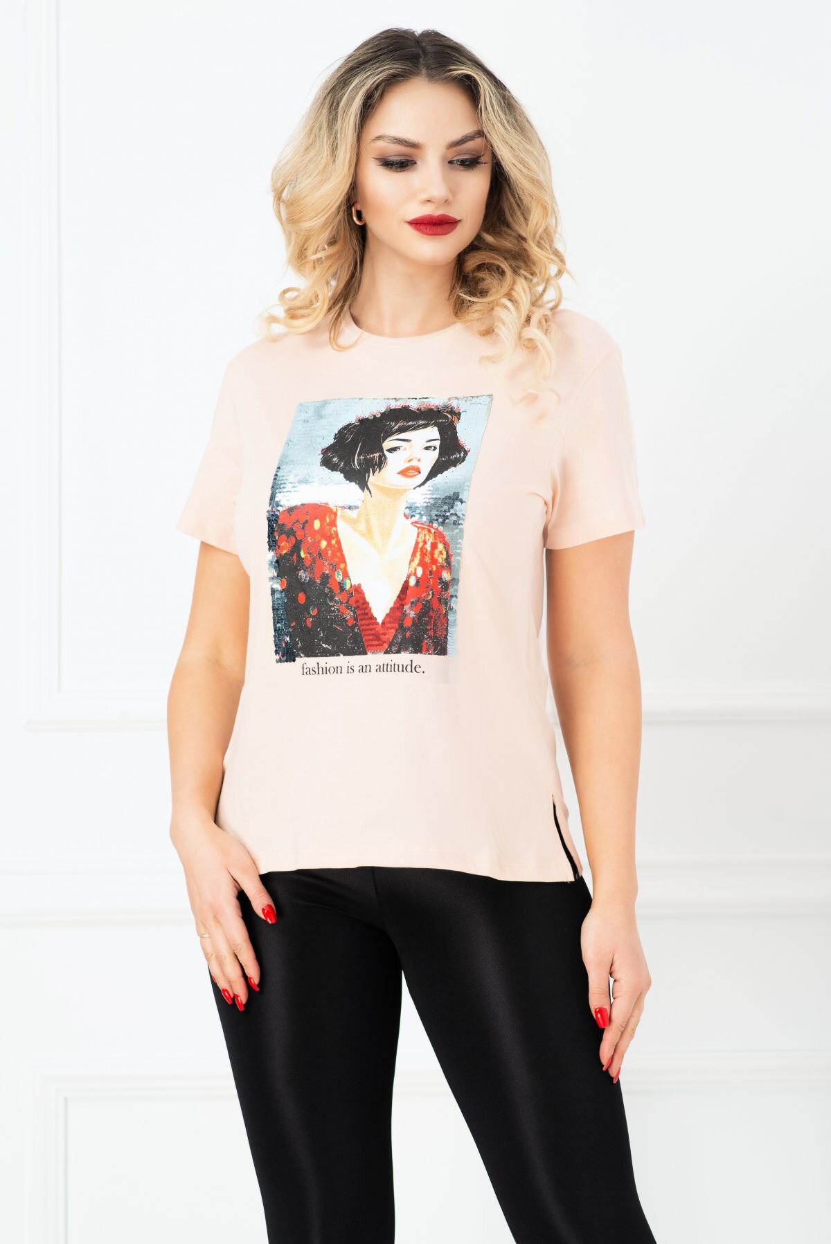 InPuff Basic Tricou somon cu imprimeu portret si paiete