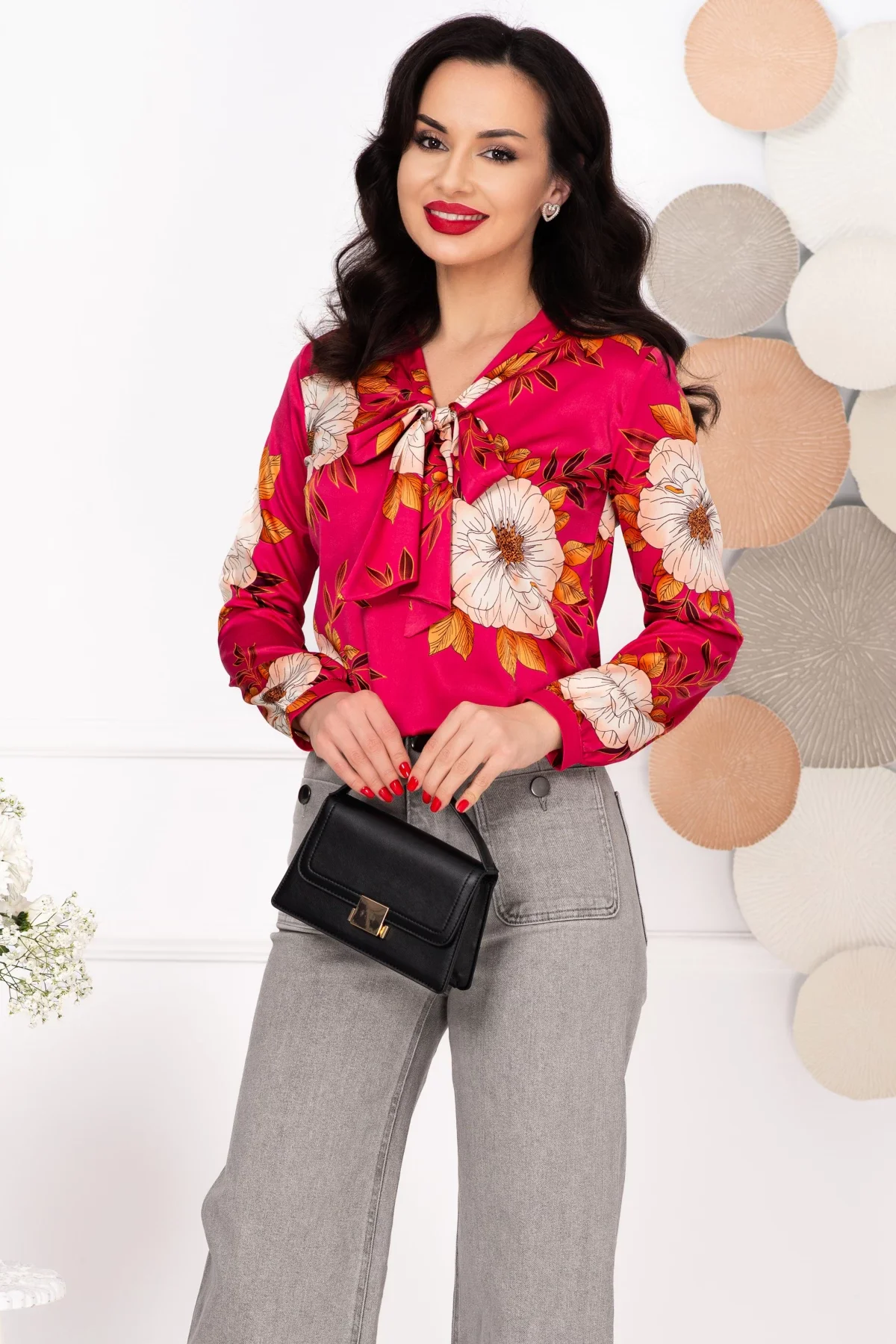 InPuff Bluza dama eleganta cu imprimeu floral si guler esarfa