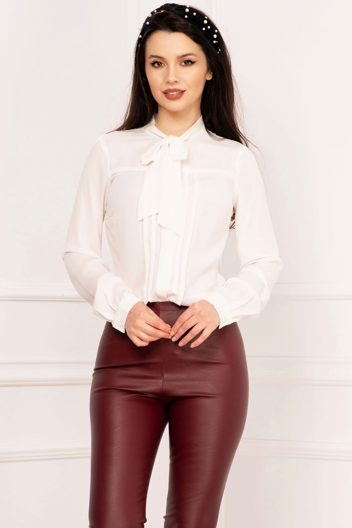 InPuff Camasa eleganta alba cu pliuri si guler tip esarfa