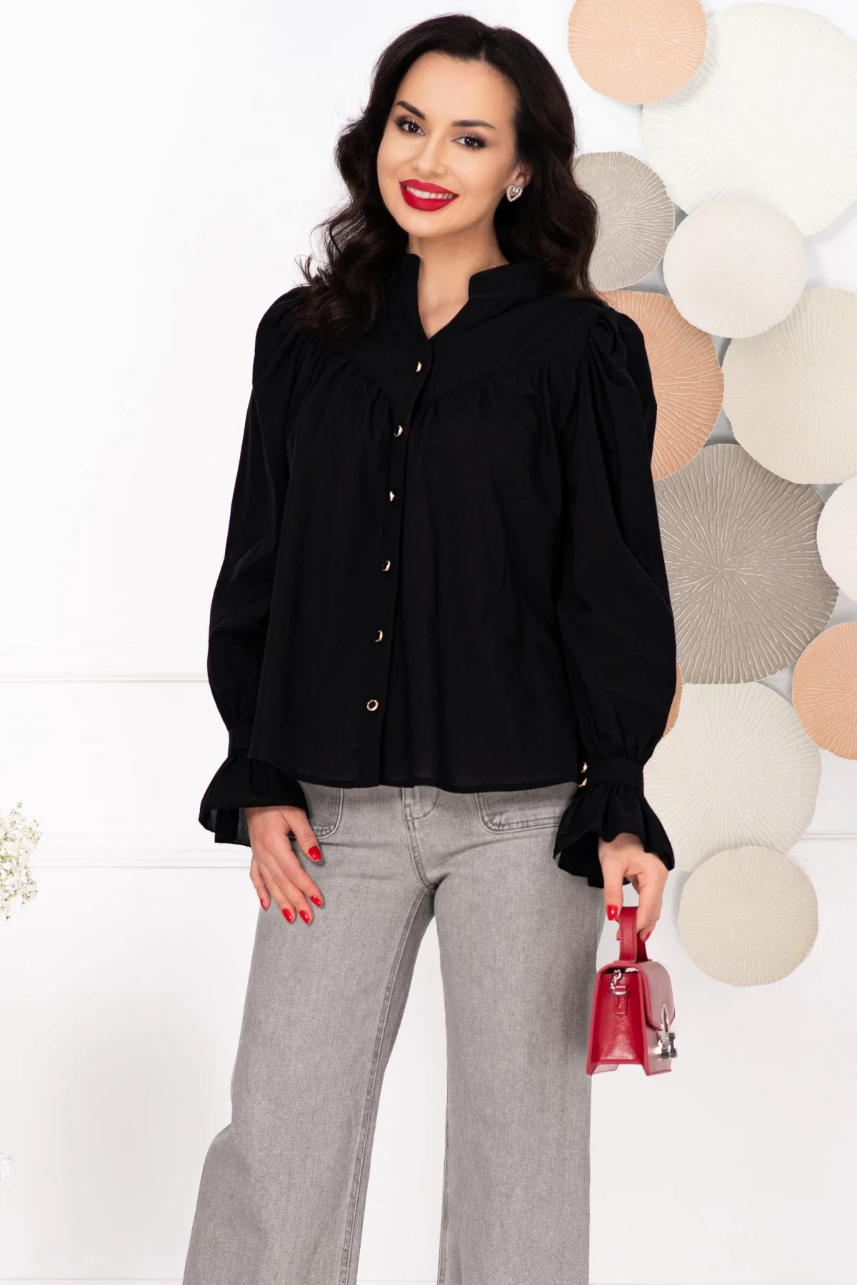 InPuff Camasa neagra oversize din bumbac cu nasturi pretiosi
