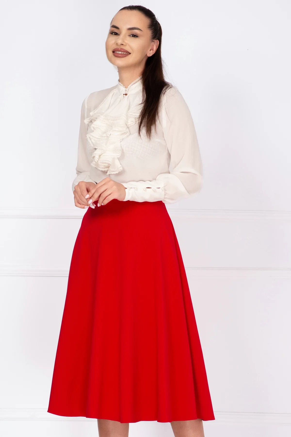 InPuff Fusta midi rosie in clos cu buzunare laterale