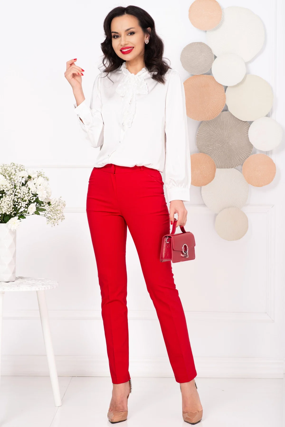 InPuff Pantaloni dama office rosii conici cu buzunare laterale